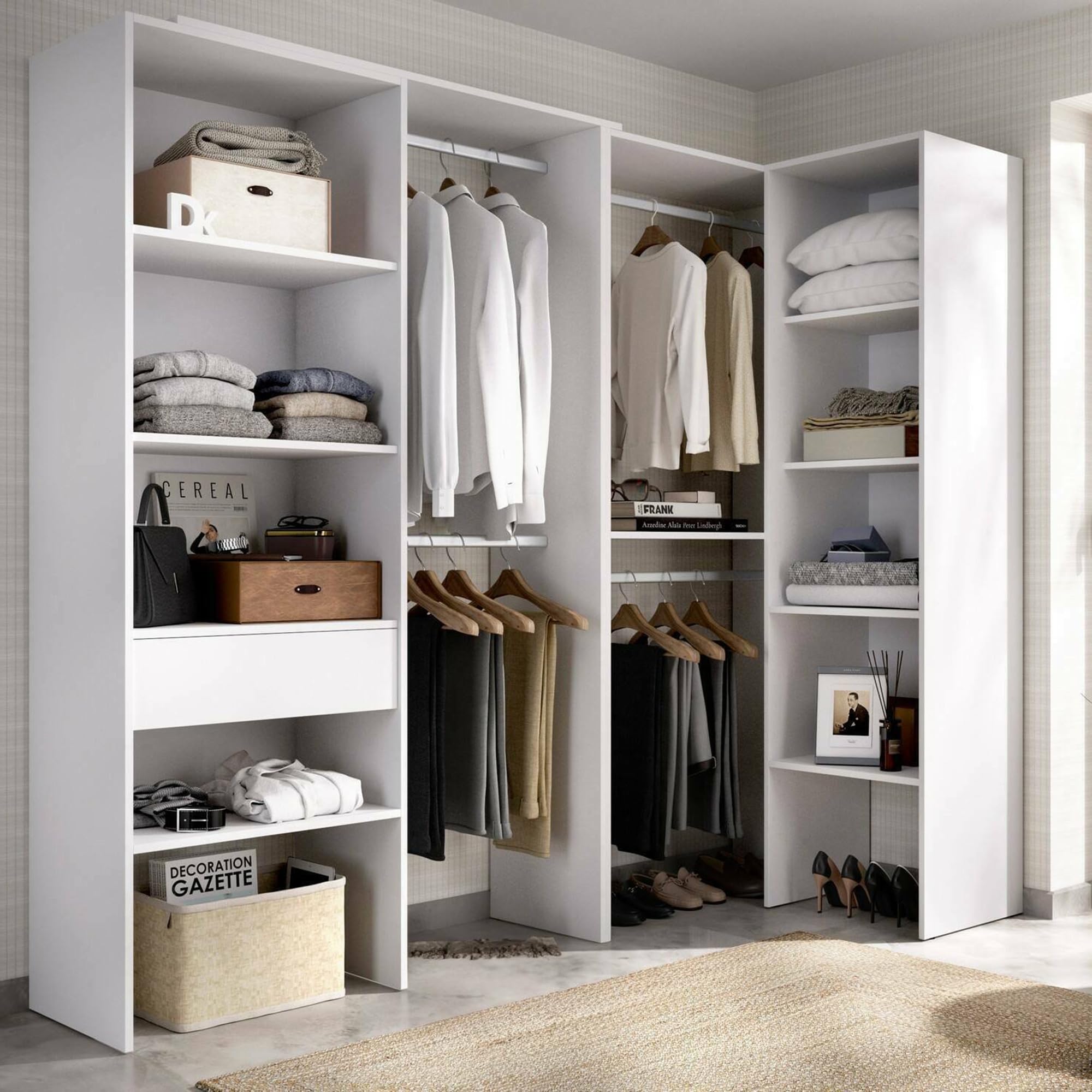 Dmora - Guardaroba grande Arera, Mobile camera da letto, Cabina armadio portabiti, Armadio appendiabiti aperto ad angolo, 248x79 h187 cm, Bianco