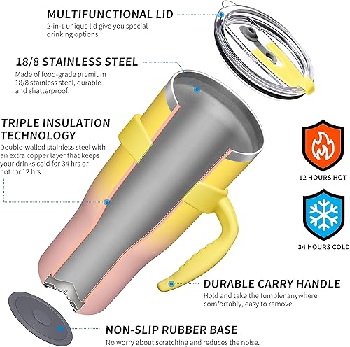 Miniatura 6 de THILY Vaso aislado de 40 onzas con asa, taza de viaje para café de acero inoxidable con tapa y pajitas, mantiene las bebidas frías durante 34 horas