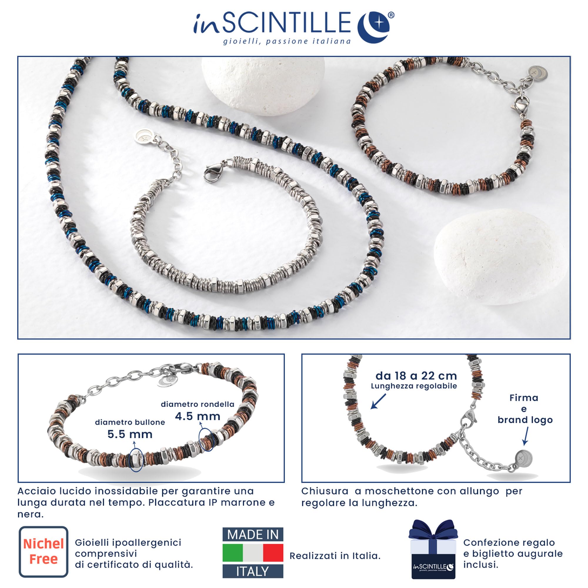 inSCINTILLE Bracciale Uomo Acciaio Rondelle e Bulloni, Regolabile 18-22 cm, Confezione Regalo Inclusa, Braccialetto Acciaio Inox, Bracciali Uomo