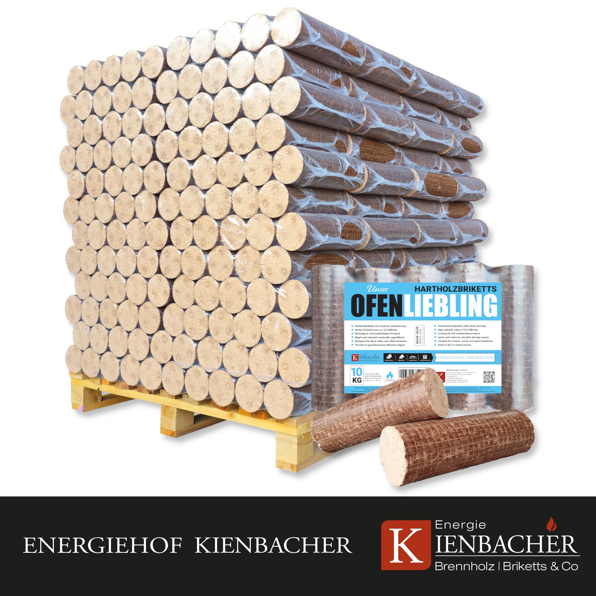 960kg Palette Nestro Premium Hartholzbriketts Kamin Ofen Holz Gluthalter Eiche und/oder Buche PE-Bags Holzbrikett Rund Energie Kienbacher