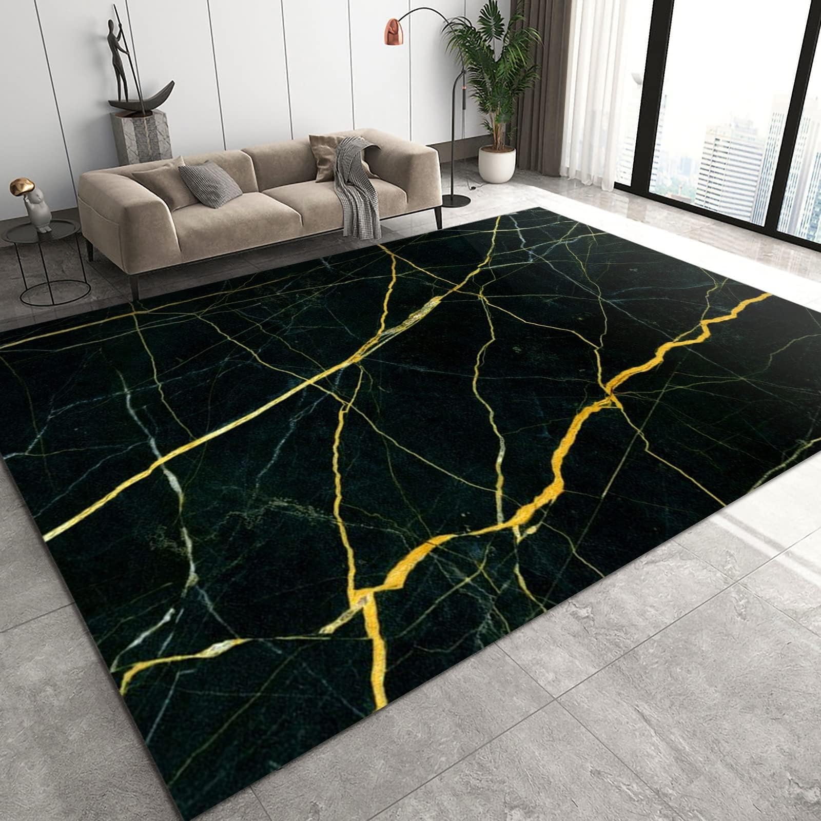 Tapis abstrait marbre noir doré pour chambre salon cuisine entrée