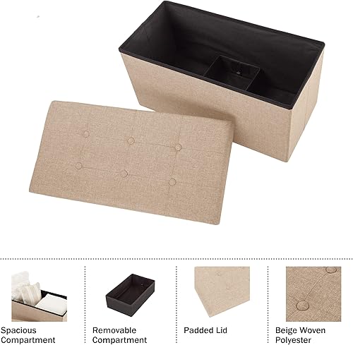 Miniatura 4 de Lavish Home Otomana plegable de almacenamiento, reposapiés copetudo de 30 pulgadas, baúl o banco de lino con contenedor extraíble para sala de