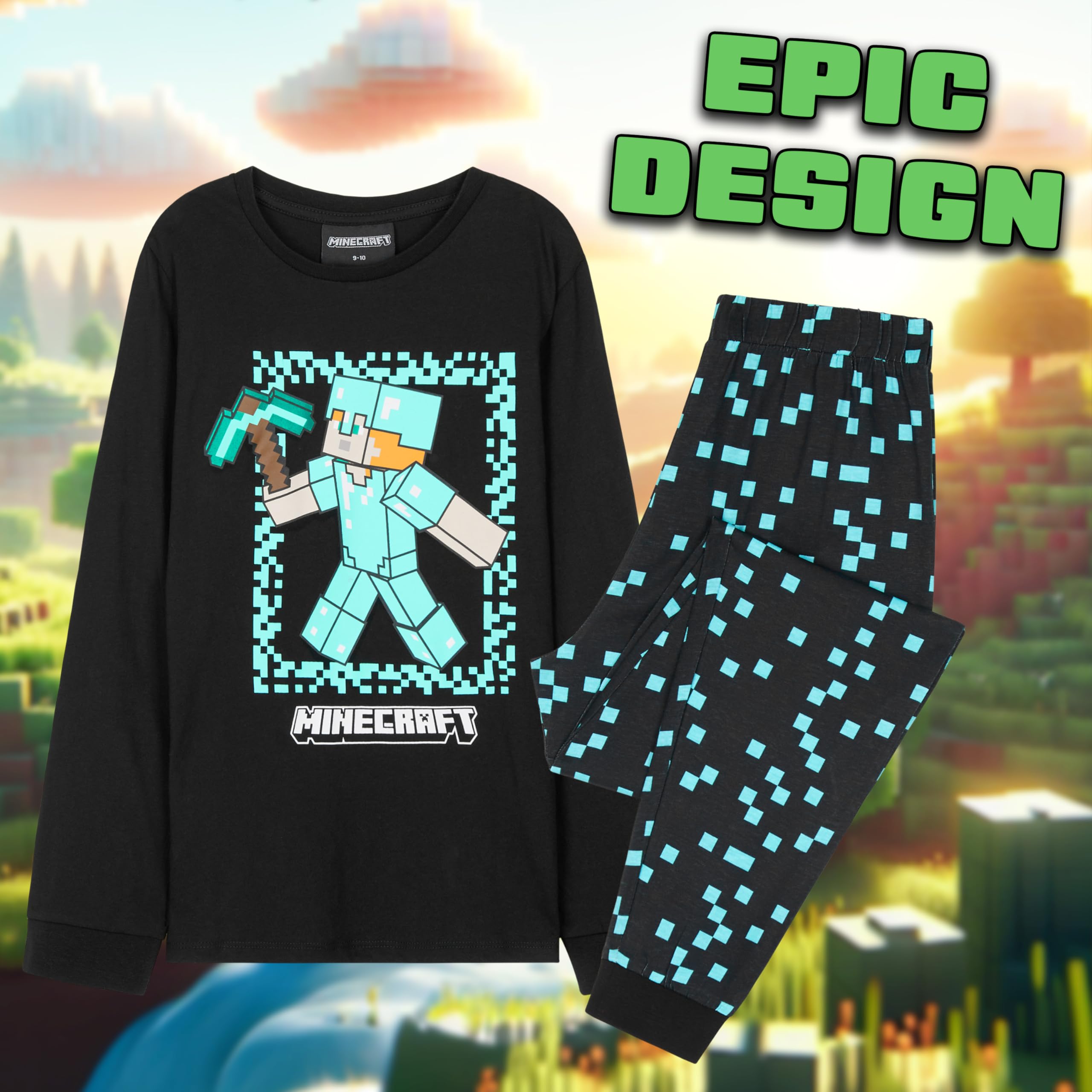 Minecraft Pyjama Garcon, Ensemble Enfant avec Chaud T-Shirt et Pantalon, Vêtement de Nuit, Gaming Merchandise, Idee Cadeau