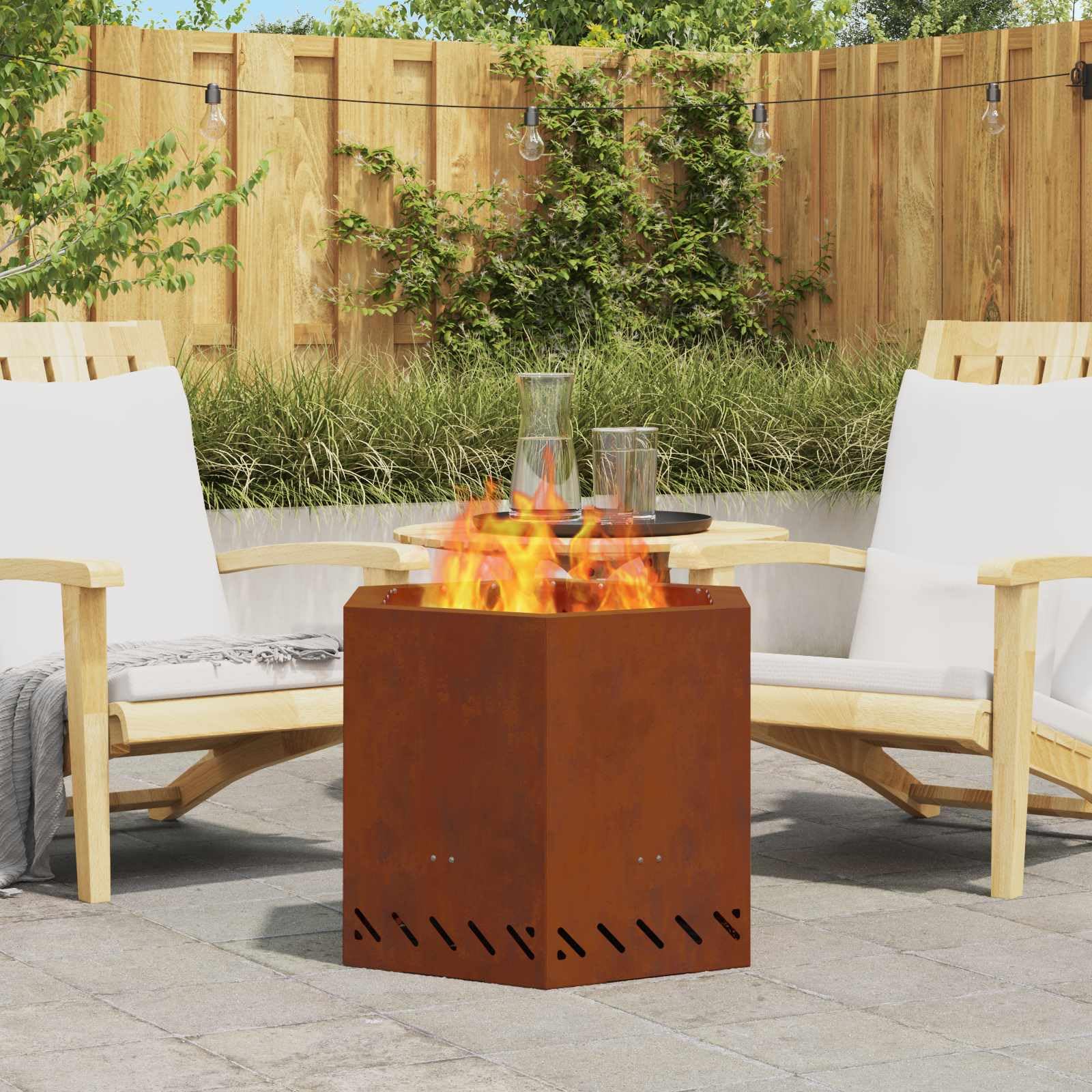 Brasero de acero resistente a la intemperie marrón 58 x 58 x 51 cm, hoguera moderna para jardín, terraza, exterior con suministro de aire eficiente y llama limpia