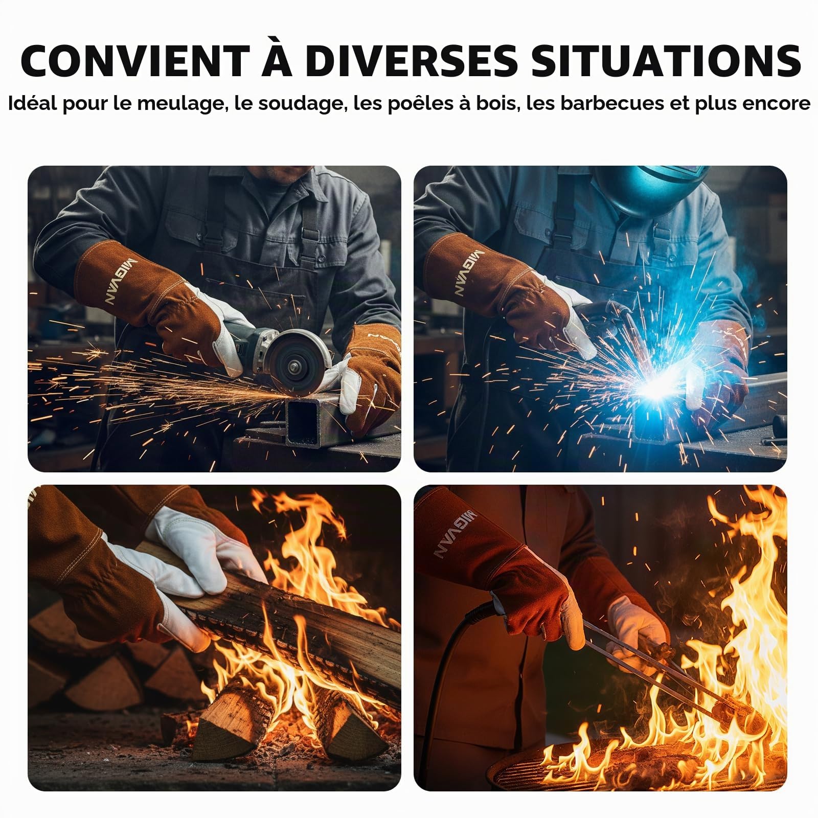 Gants de soudage en cuir de vache – Gants longs ignifuges pour soudage MIG/TIG, barbecue, cheminée, four et cuisine – Résistants à la chaleur, unisexe, taille M