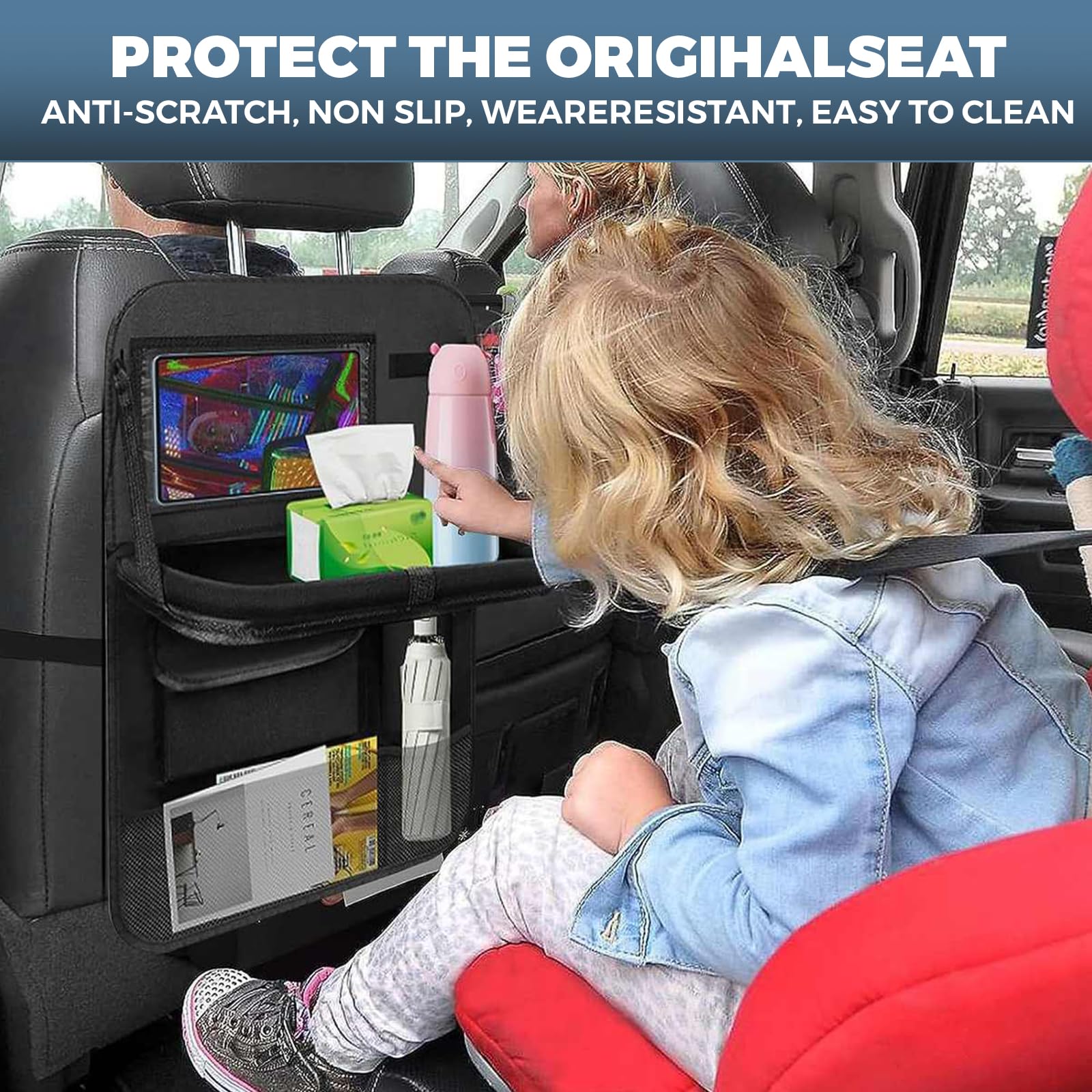 Confezione da 2 organizer per sedile auto con tavolo da pranzo pieghevole e rete centrale per riporre oggetti, organizer multi-tasca per sedile posteriore per giocattoli, snack, oggetti