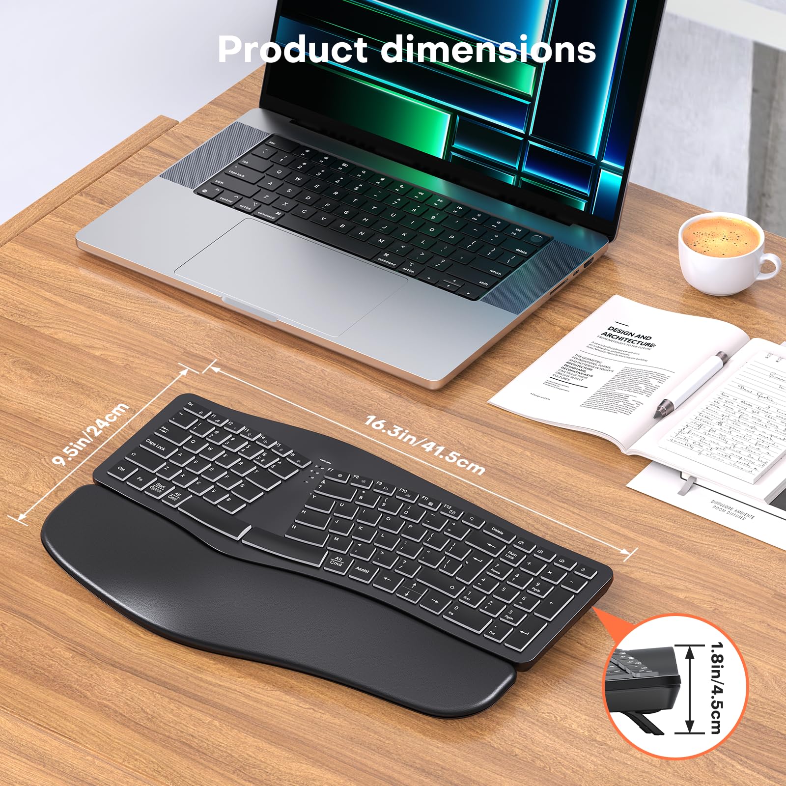 MOKURU Tastiera ergonomica senza fili, tastiera divisa con poggiapolsi, tastiera per computer BT 2,4 G, compatibile con Windows, Mac OS, PC/laptop (nero)