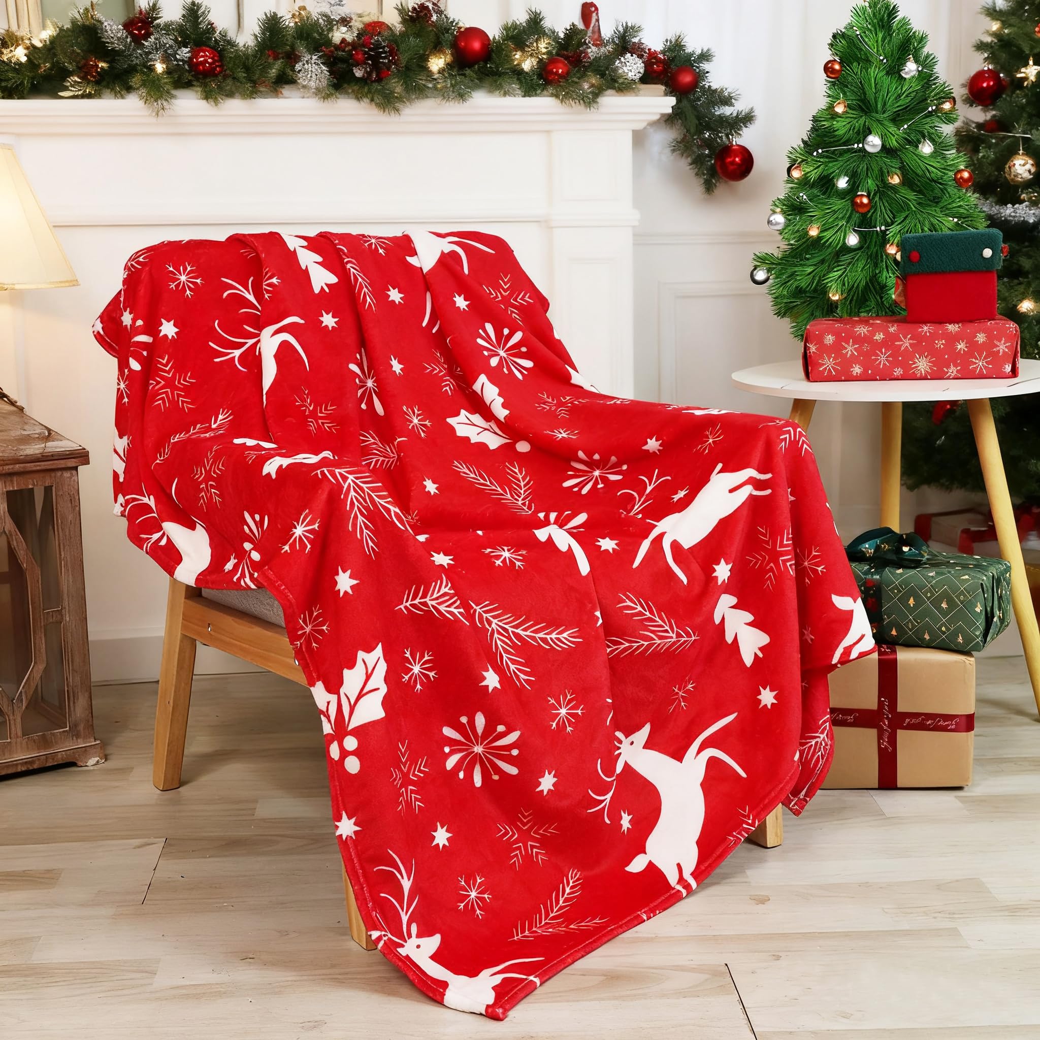 Cekene Manta de forro polar de Navidad para cama doble, 150 x 200 cm, color rojo, suave y esponjosa, manta grande de piel sintética térmica, decoración de Navidad, accesorios para ropa de cama