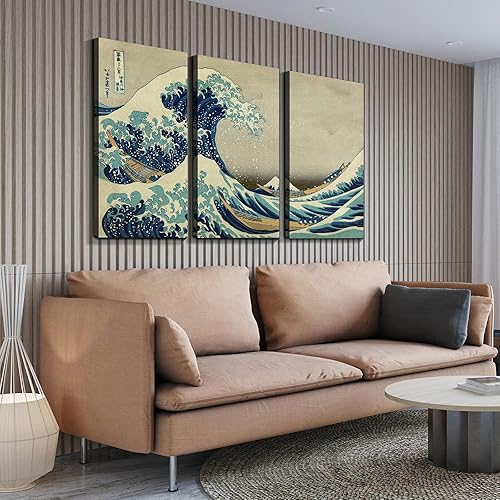 Miniatura 4 de Denozer - Lienzo decorativo para pared de 3 piezas - La gran ola de Kanagawa pintura al óleo de Reproducción Giclée, impresiones en lienzo estiradas