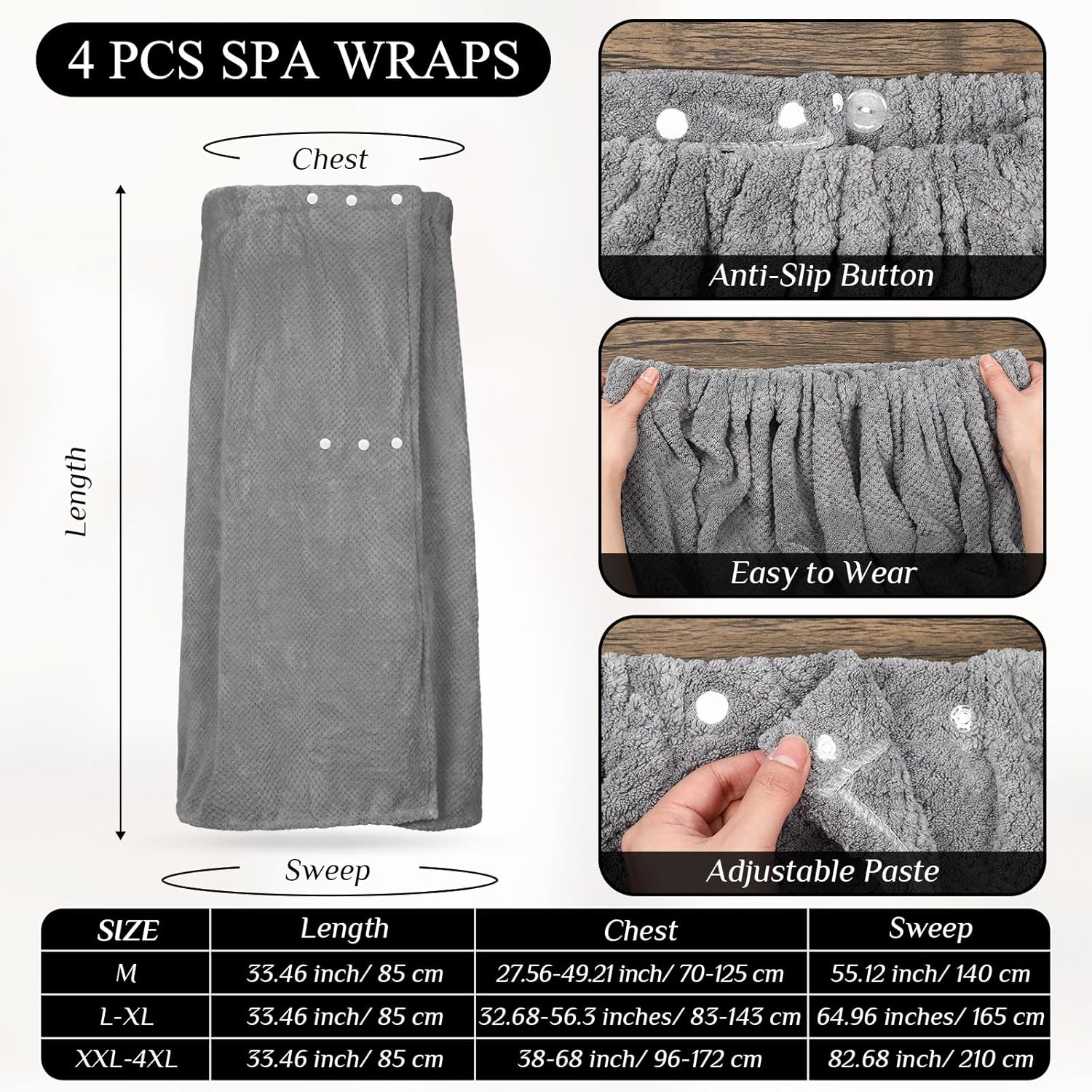 Tigeen 4 Pcs Spa Wrap Towel Wrap for Women Spa Robe with Adjustable Closure Elastic Top Lightweight Wraps for Bath Shower (L-XL,Gray) - Image 2