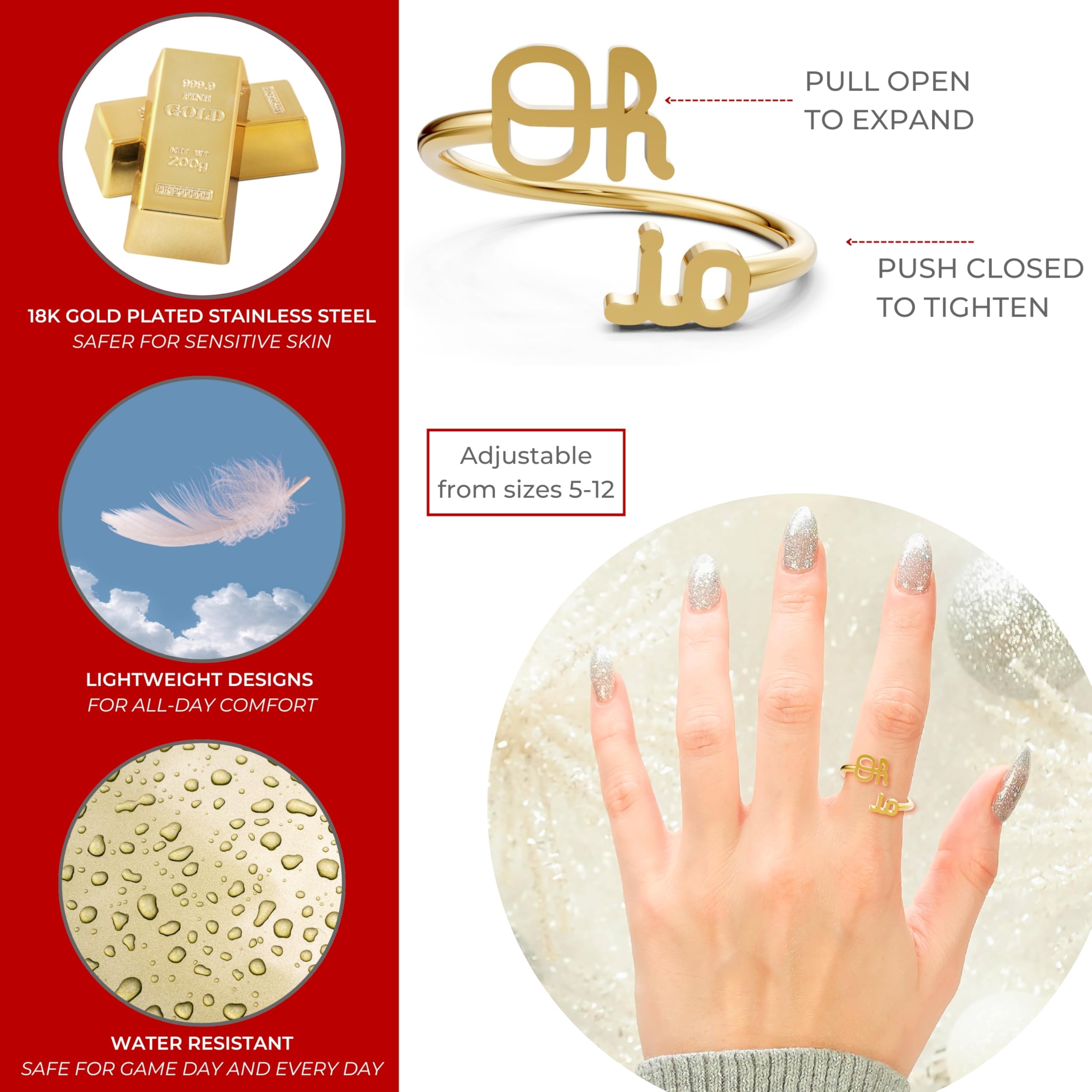 Stone Armory Ring for Ohio State Buckeyes – 18K Gold Plated Stainless Steel Script OH-IO Ring – Skin-Friendly, Adjustable Sizes 5-12 – OSU Gear and Buckeyes Accessories – Gift for Women, Alumni, and Football Fans,