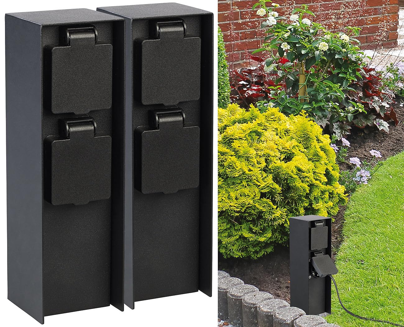 Royal Gardineer Garten-Steckdosen-Säulen: 2er-Set 2-fach-Garten-Steckdosen, Edelstahl, 230 V, bis 3.680 W, IP44 (Outdoor-Steckdosensäule, Aussensteckdosen Säulen, Netzkabel)