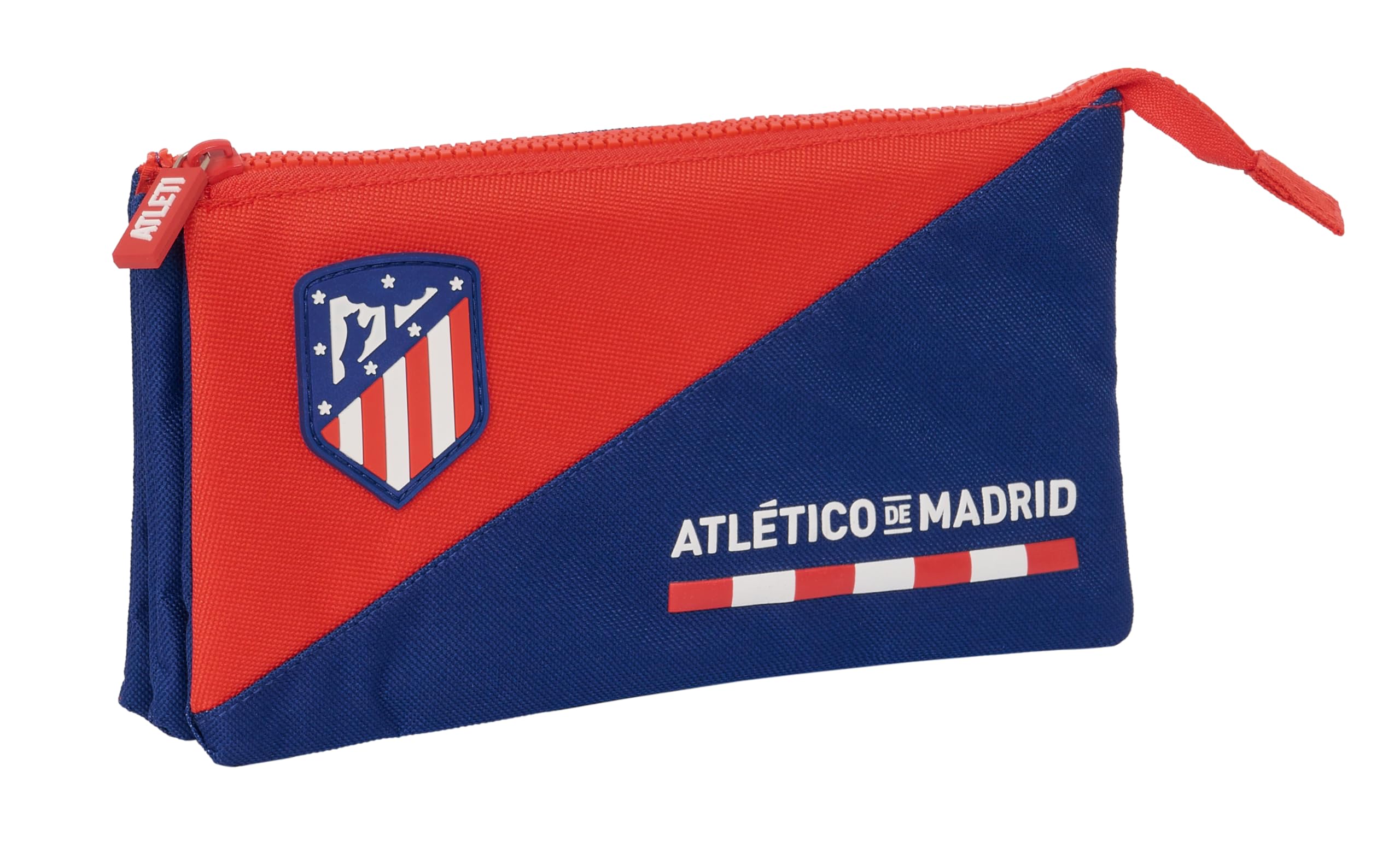 Safta ATLÉTICO DE Madrid - Portatodo Triple, Estuche Infantil, Estuche Niño, Ideal para Niños en Edad Escolar, Cómodo y Versátil, Calidad y Resistencia, 22x3x12 cm, Color Rojo/Azul
