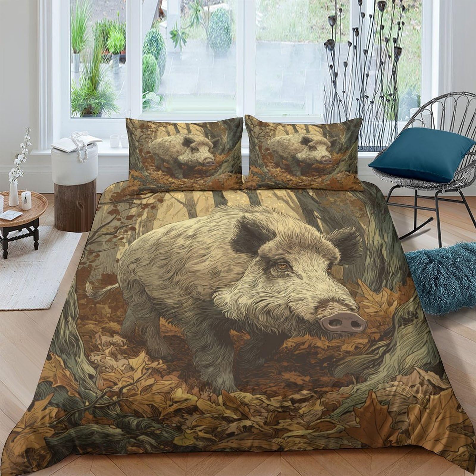 Ctjqhvkz Style-2 3D Printed Wild Boar Forest Fitted Sheet Microfiber Soft Animal Woodland Bed Cover Anti-Slip Easy Care Bedroom Decor Single（135X200cm）