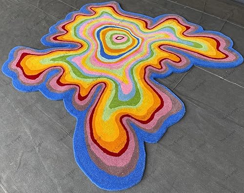 Miniatura 2 de Alfombra de forma irregular con patrón de ilusión copetuda a mano, 100% lana, hecha a mano (color multicolor, 4 x 4 pies)