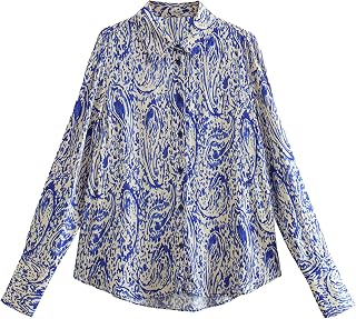 Silunma2021 Women's Printing Satin Elegant Shirts Casual Tunic Long Sleeves Shirts Classic Retro Loose Lapel Top