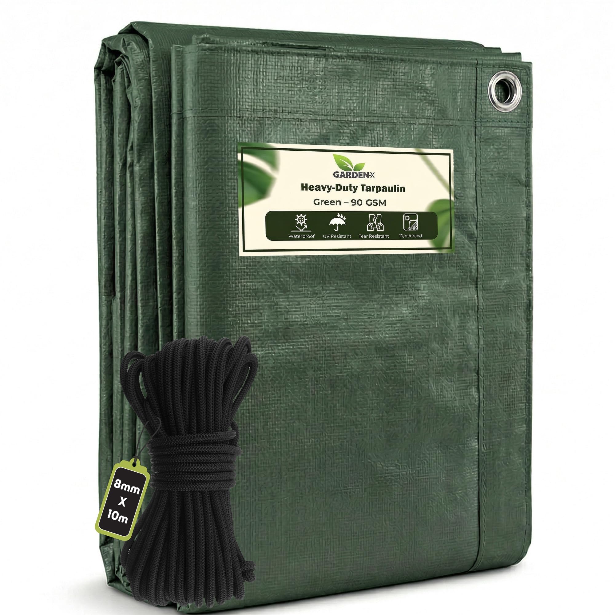 GARDENIX 6m x 8m Green Heavy Duty 90gsm Tarpaulin Waterproof Tarp Sheet Cover, Groundsheet, Multipurpose, Reinforced + 10 Metres of 8mm Bungee Rope