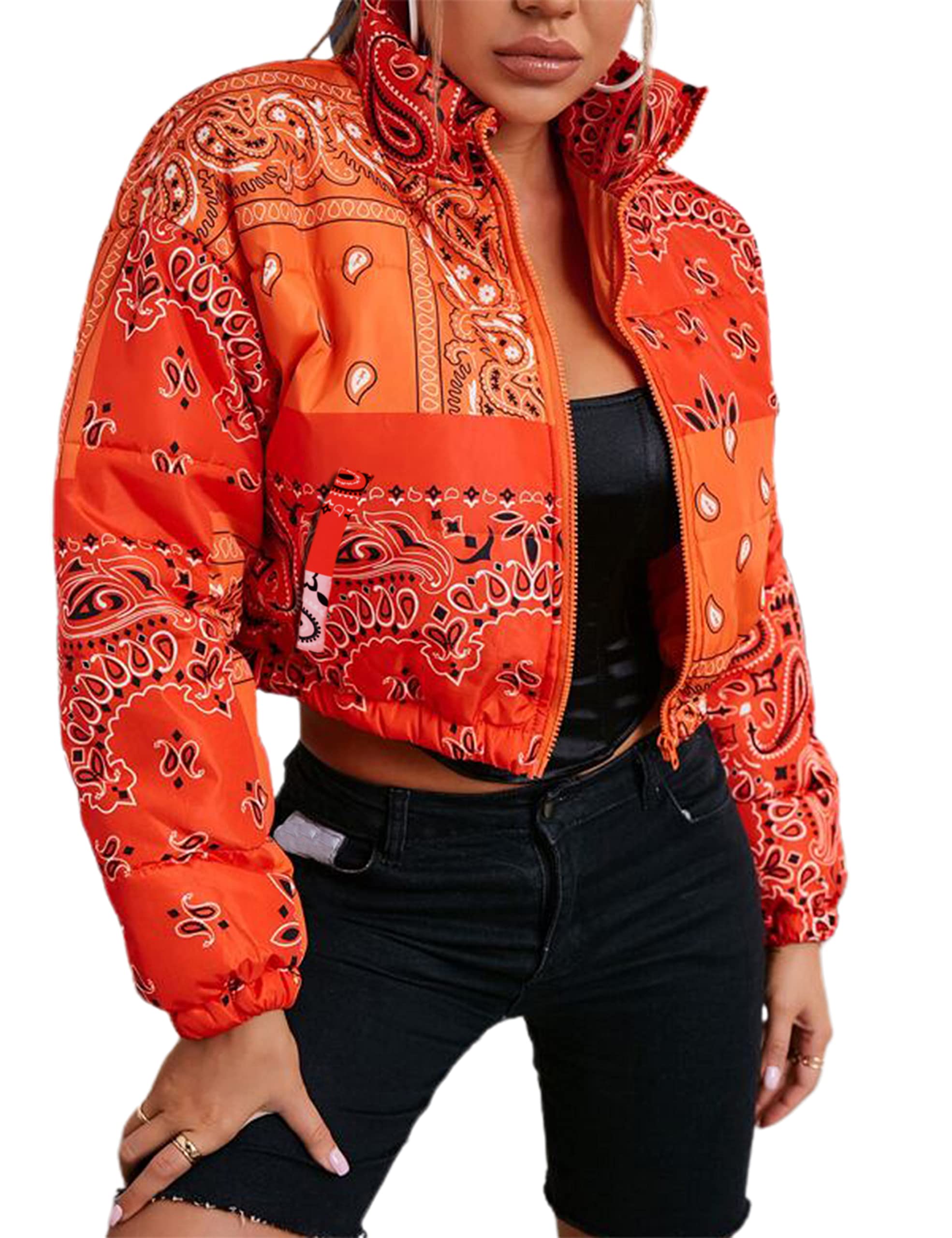 Tanming Womens Winter Warm Bandana Print Puffer Cropped Jacket