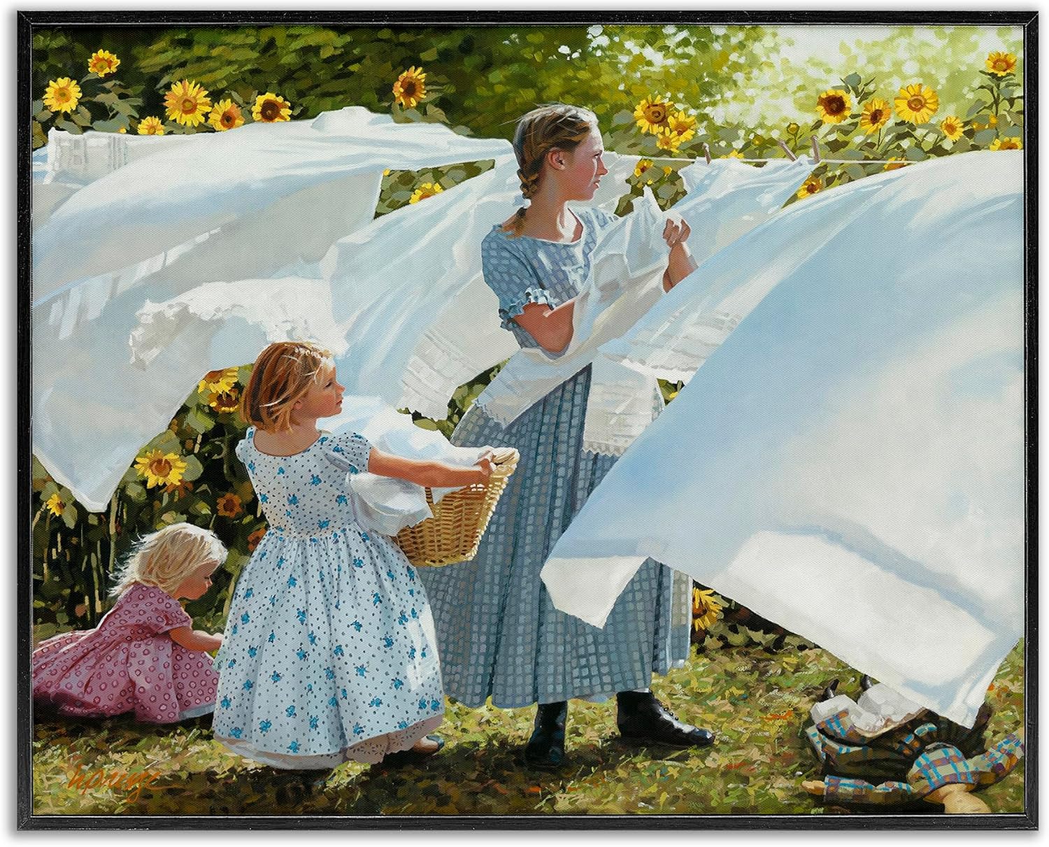 Stupell Industries 'Farm Children Doing Laundry Linens', Framed Giclee Art, Black, 14 x 11 Inches, Easy to Hang and Sturdy, Made in USA, by Heide Presse