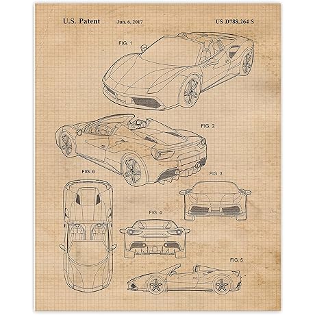 Vintage 488 Auto Patent Blueprint Prints — Car Gifts for Ferrari Lovers and F1 Fans