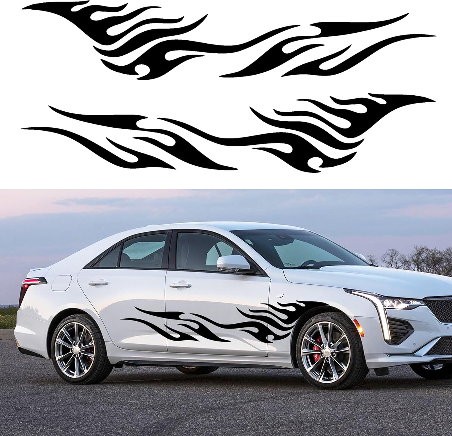 TOMALL 2Pcs 81'' Flame Graphics Car Body Side Stickers - Flame Racing Sports Stripe Decals - Universal Vinyl Waterproof Decal Decoration Accessories for Truck SUV Off-Road Vehicles (Black)