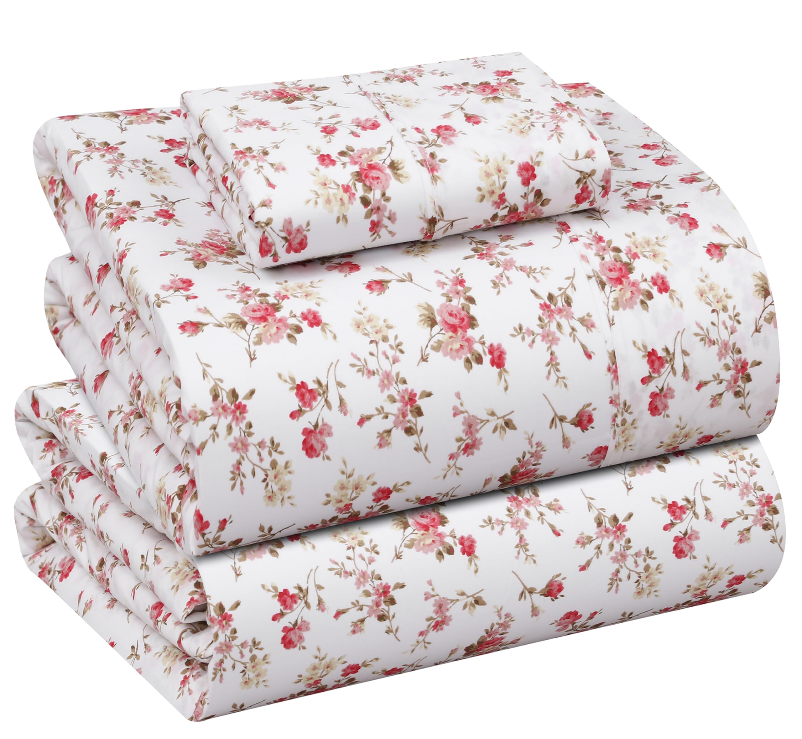 RUVANTI 100% Cotton Twin Sheets, Percale Weave Twin Sheet Set, Bouquet