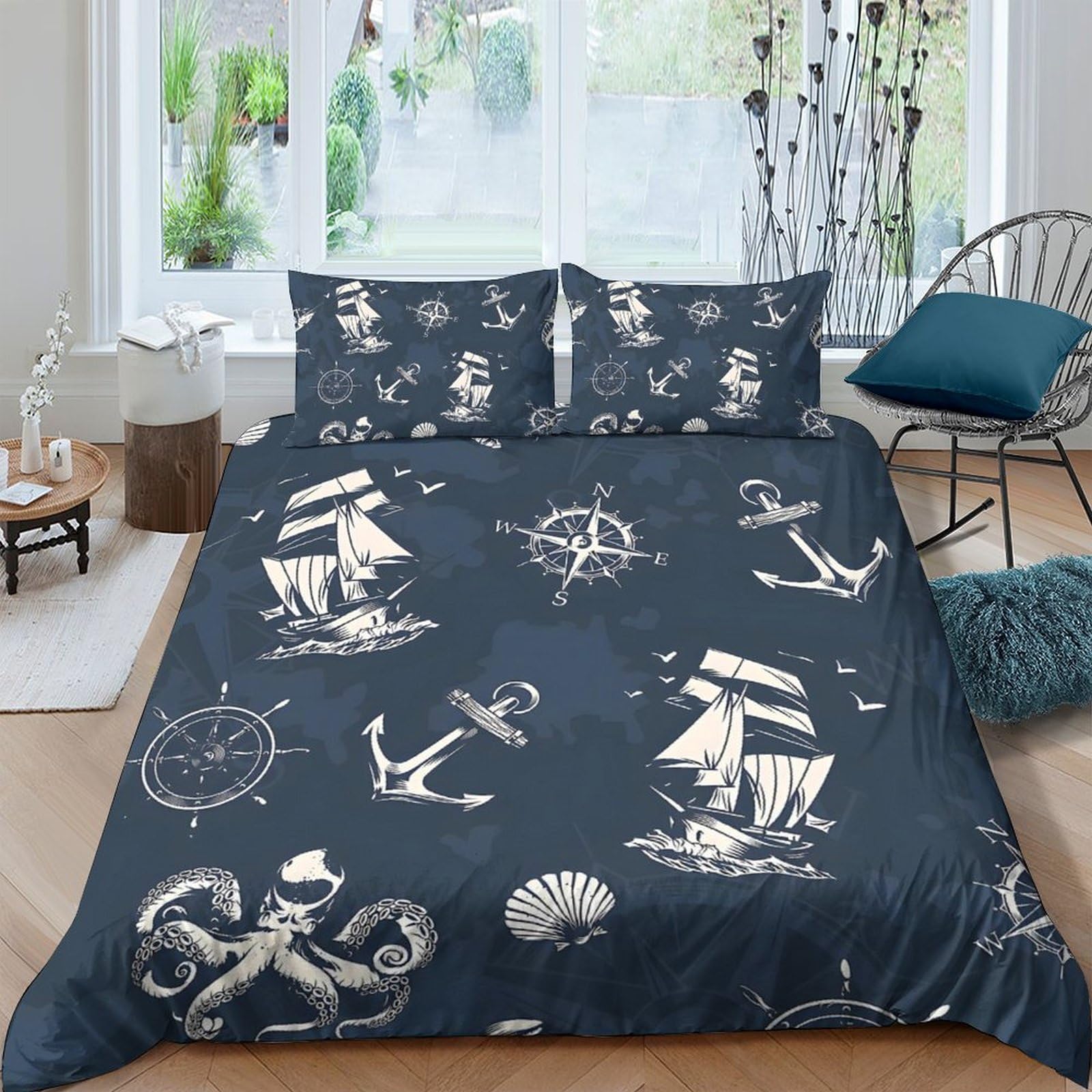 Ctjqhvkz Style-4 3D Printed Nautical Ship Fitted Sheet Microfiber Soft Breathable Anchor Compass Bed Cover For Bedroom Decor Single（135X200cm）