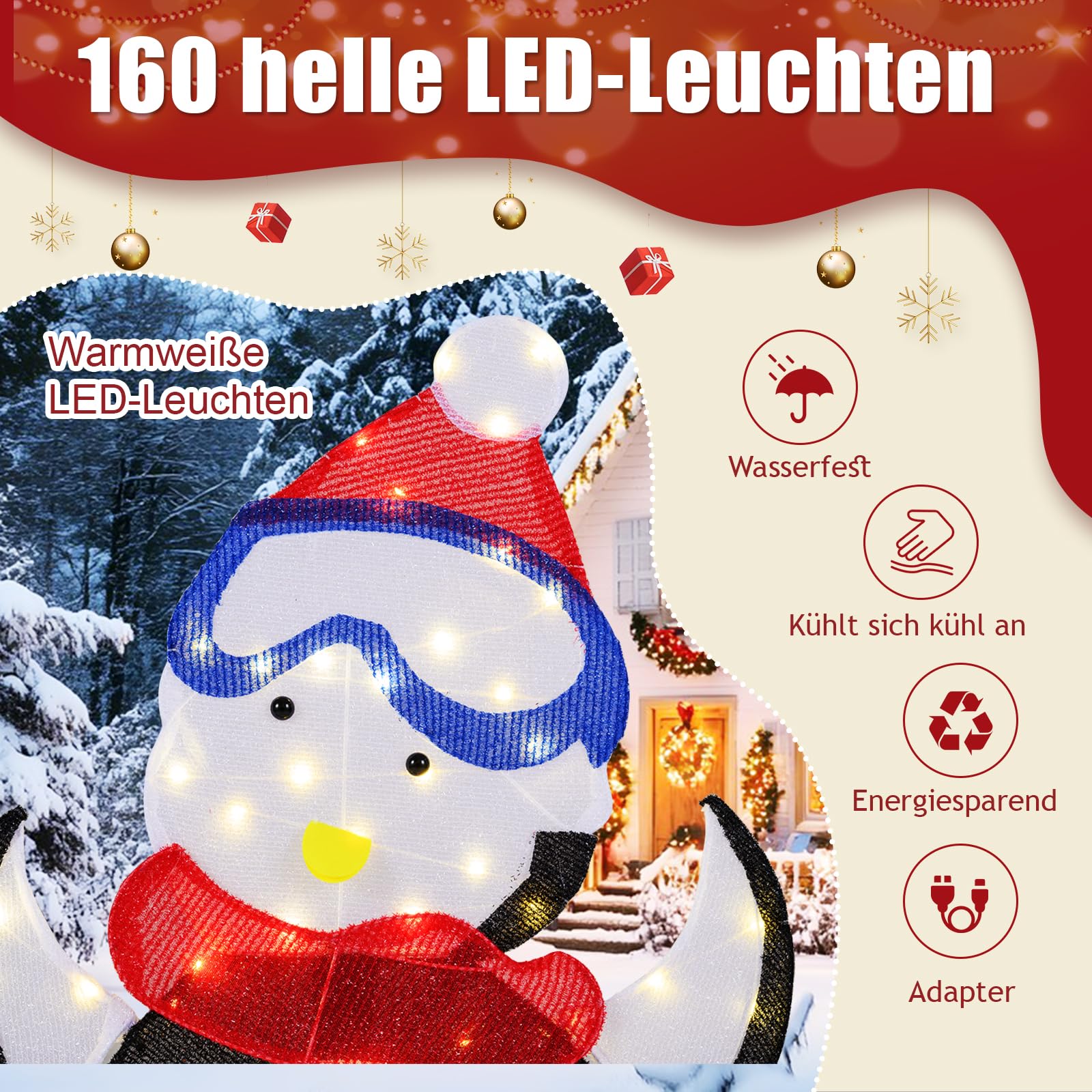 COSTWAY 3 teilige LED Pinguin Familie, beleuchtete Weihnachtsdeko mit 160 warmweißen LED-Lichtern & Schals, Weihnachtsfiguren XXL Outdoor, Weihnachtsbeleuchtung, Weihnachtsdekoration für Außen & Innen