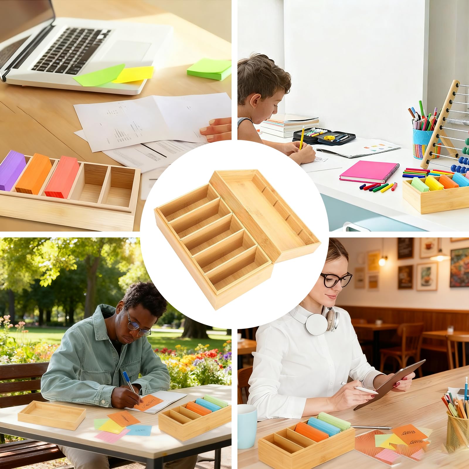 Caja para Flashcard de Madera de Bambú, Porta Fichas A7 con Tapa, 22.5x12.8x9.1cm, Caja para Tarjetas, Archivadores de Fichas para Estudios, Oficina, Casa, Escritorio, Organización