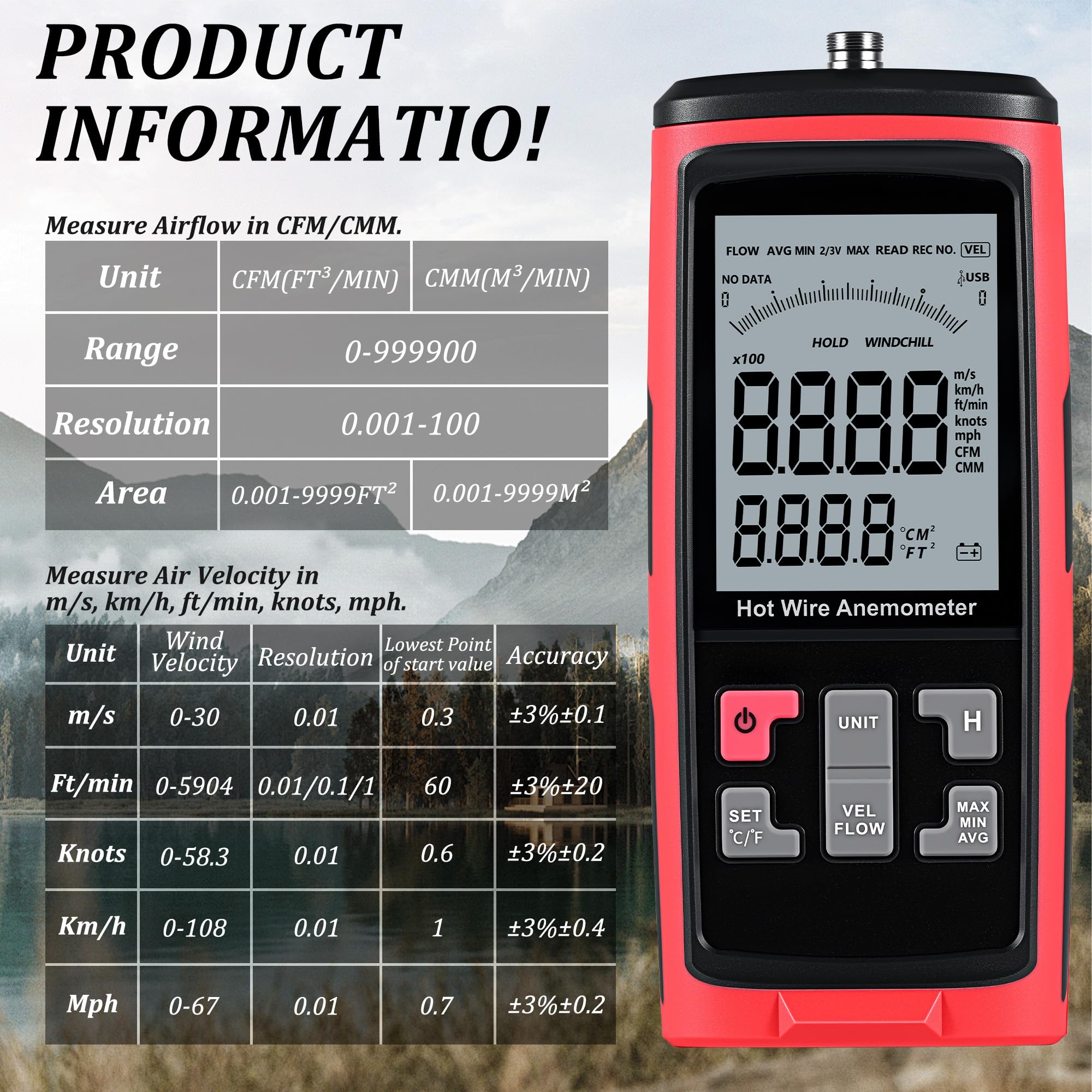 Anemómetro de cable caliente, medidor de flujo de aire de mano CMF, medidor de velocidad del aire recargable, medidor de temperatura para conducto HVAC anemómetro térmico al aire libre, sonda