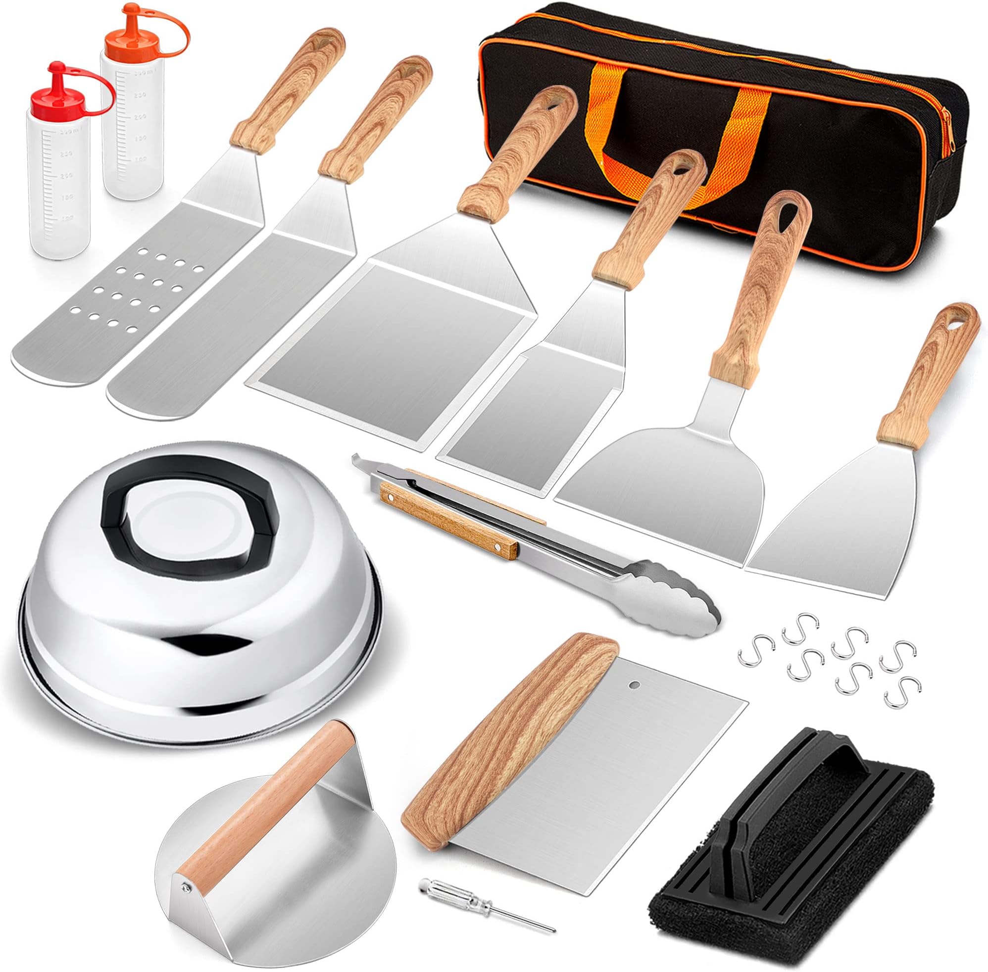 Leonyo Griddle Accessories Set of 14, Flat Top Grill Spatula Stainless Steel Griddle Tools with Metal Scraper, Melting Dome, Hamburger Press for BBQ Teppanyaki Hibachi Cooking, Camping Grilling