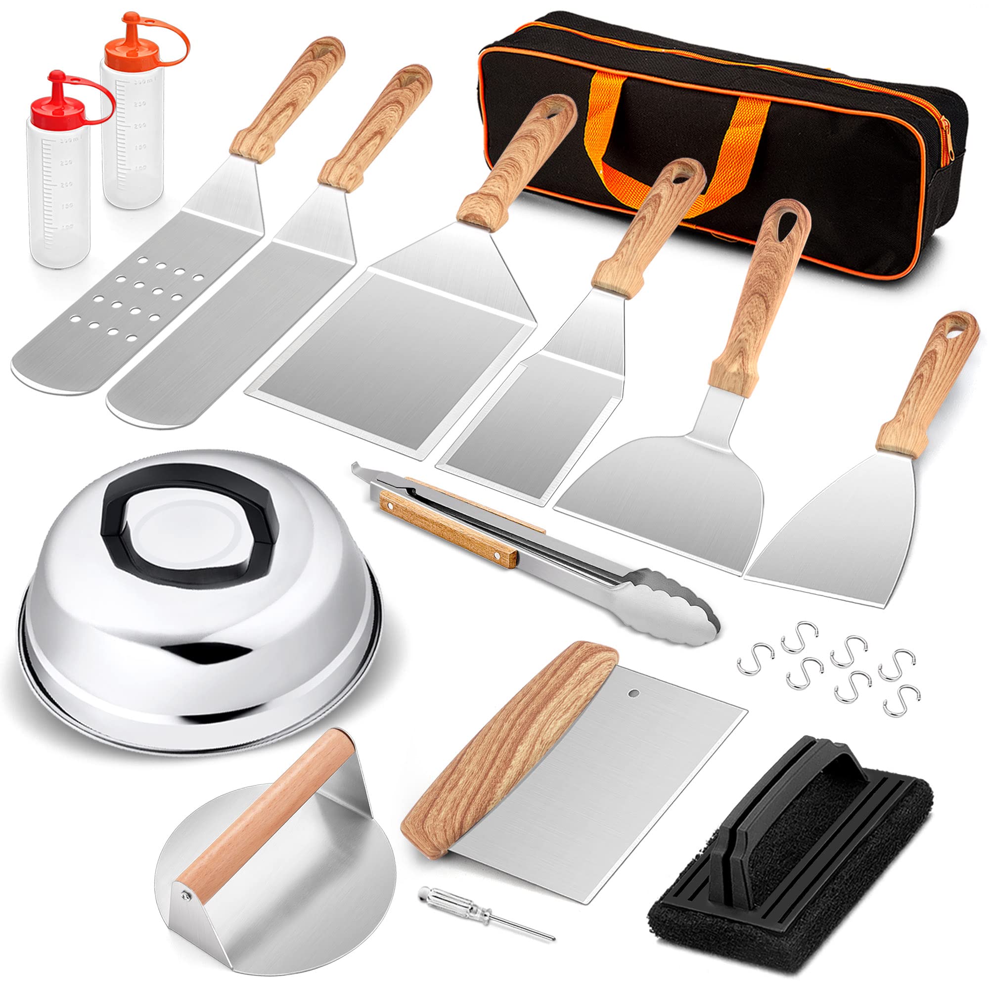 Leonyo Griddle Accessories Set of 14, Flat Top Grill Spatula Stainless Steel Griddle Tools with Metal Scraper, Melting Dome, Hamburger Press for BBQ Teppanyaki Hibachi Cooking, Camping Grilling