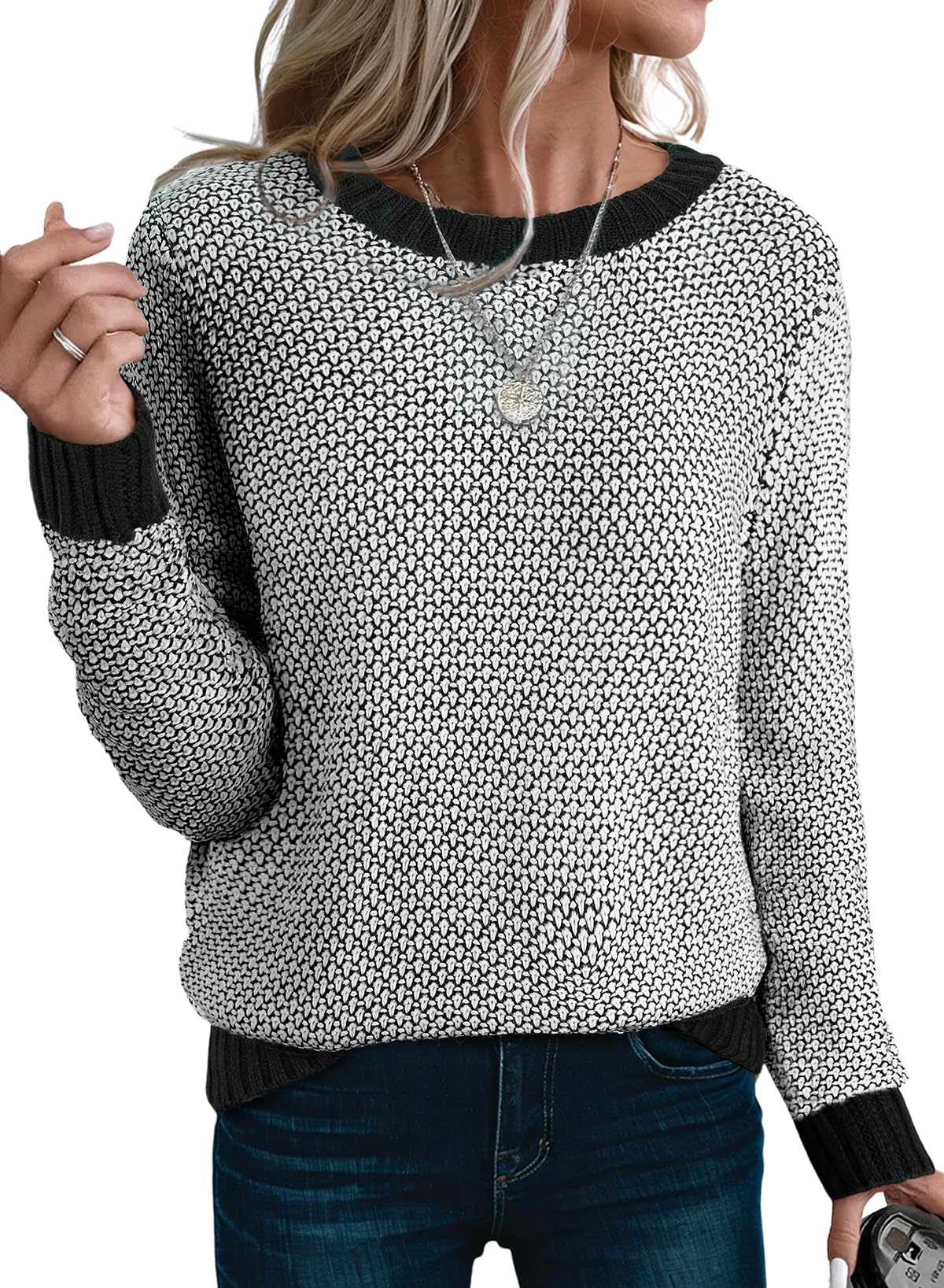 Sidefeel Womens Long Sleeve Pullover Sweaters Casual Crewneck Chunky Knit Color Block Jumper Tops