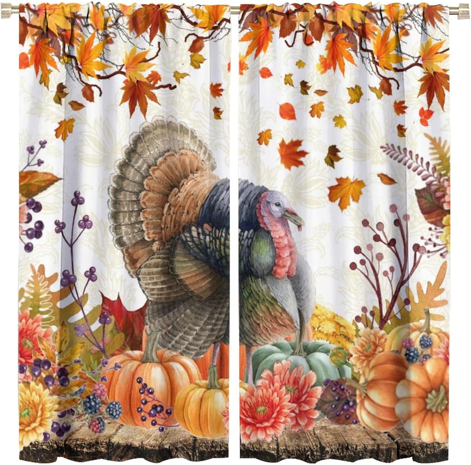 Rustic Thanksgiving Turkey Curtains - Vintage Fall Harvest Maple Leaf Watercolor Pumpkin Autumn Window Curtain Room Darkening Blackout Thermal Insulated Rod Pocket Curtains 2 Panels 45"L x 21"W