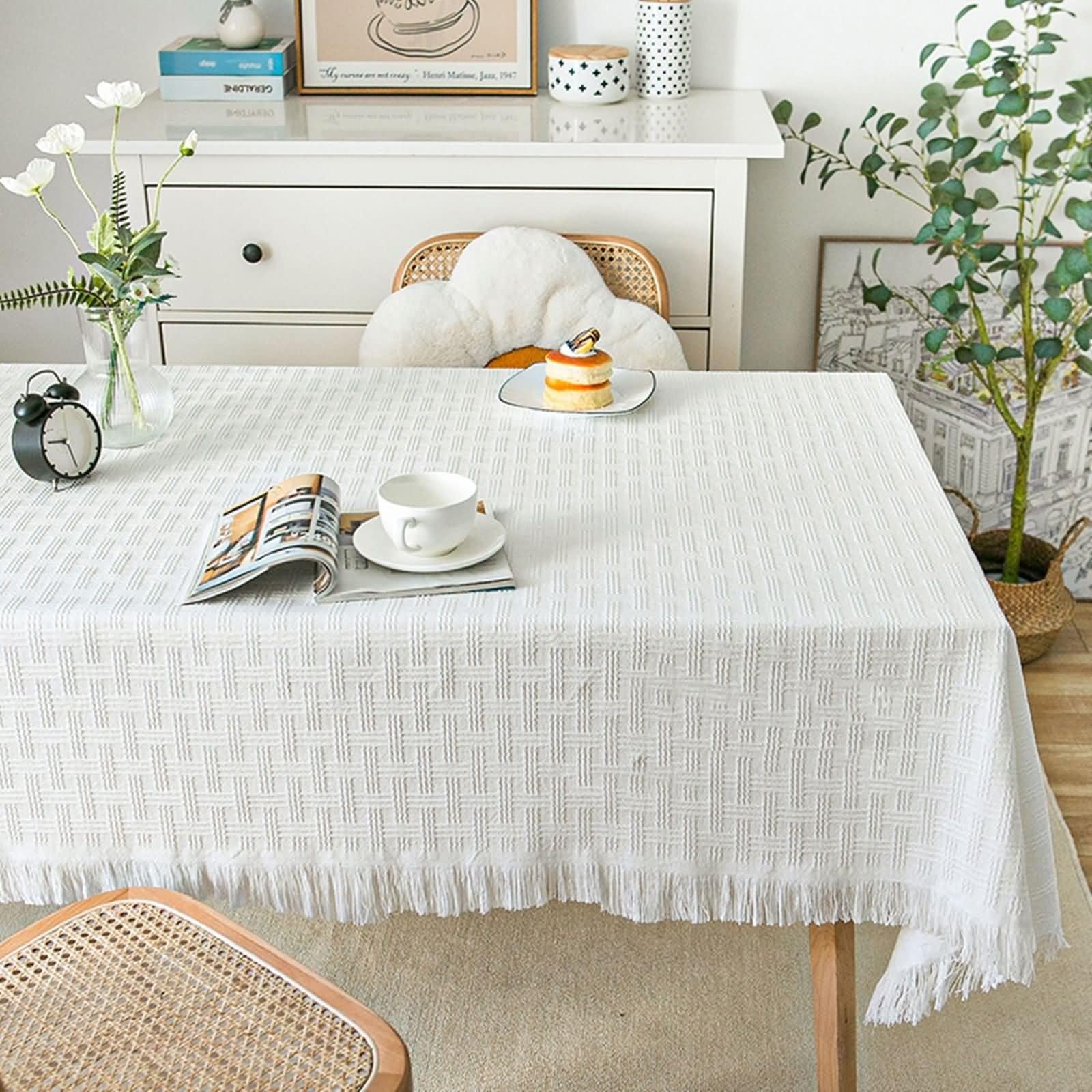 Mantel de cocina blanco, mantel de mesa de cocina, 180 x 260 cm, diseño de cuadros entrelazados con borlas de tela