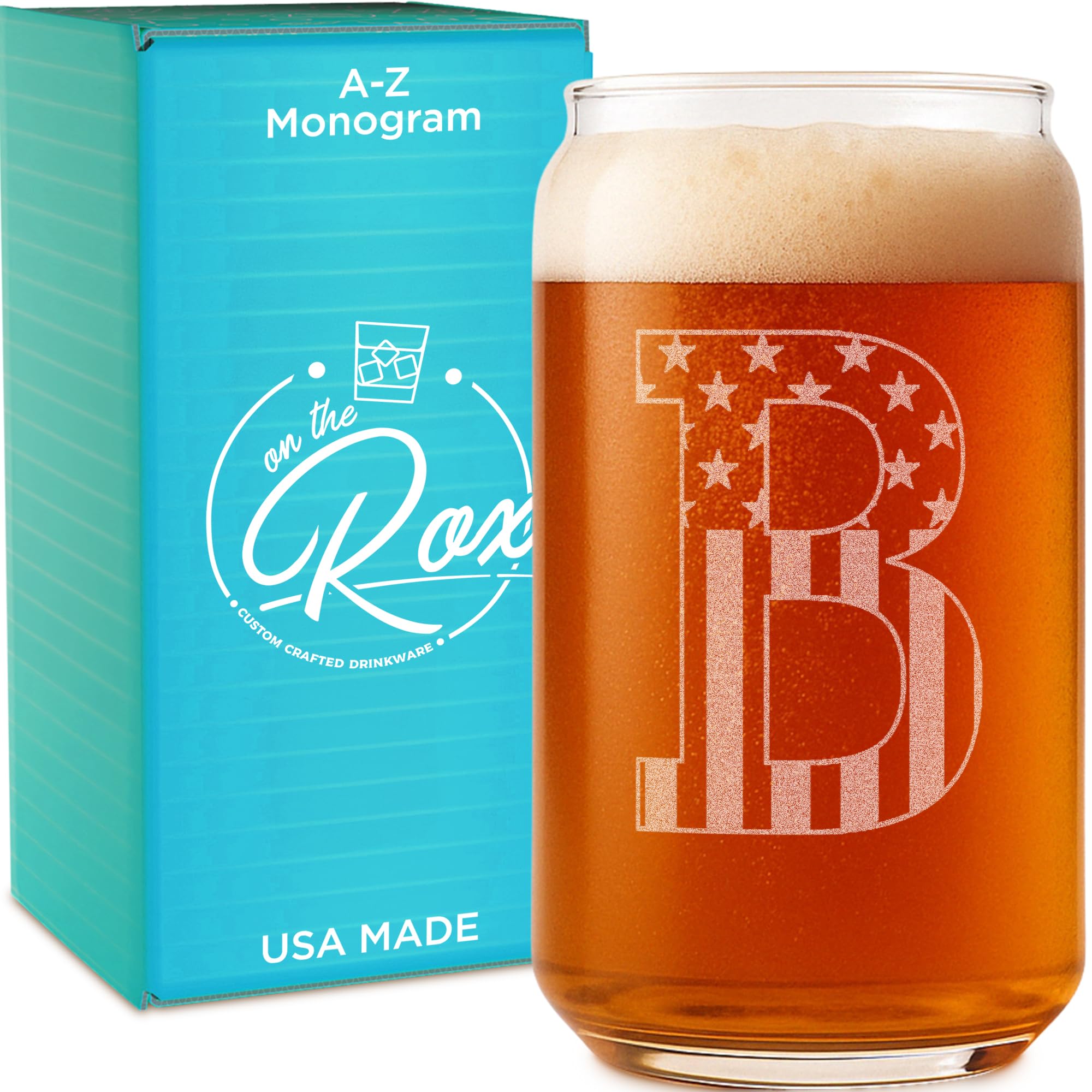 On The Rox Monogram Beer Glasses for Men (A-Z) 16 oz - Personalized Engraved Beer Gifts for Him - Groomsmen Gifts Brother in Law Dad Son Coworker - Unique USA Made Dishwasher Safe Pint Glass (B)