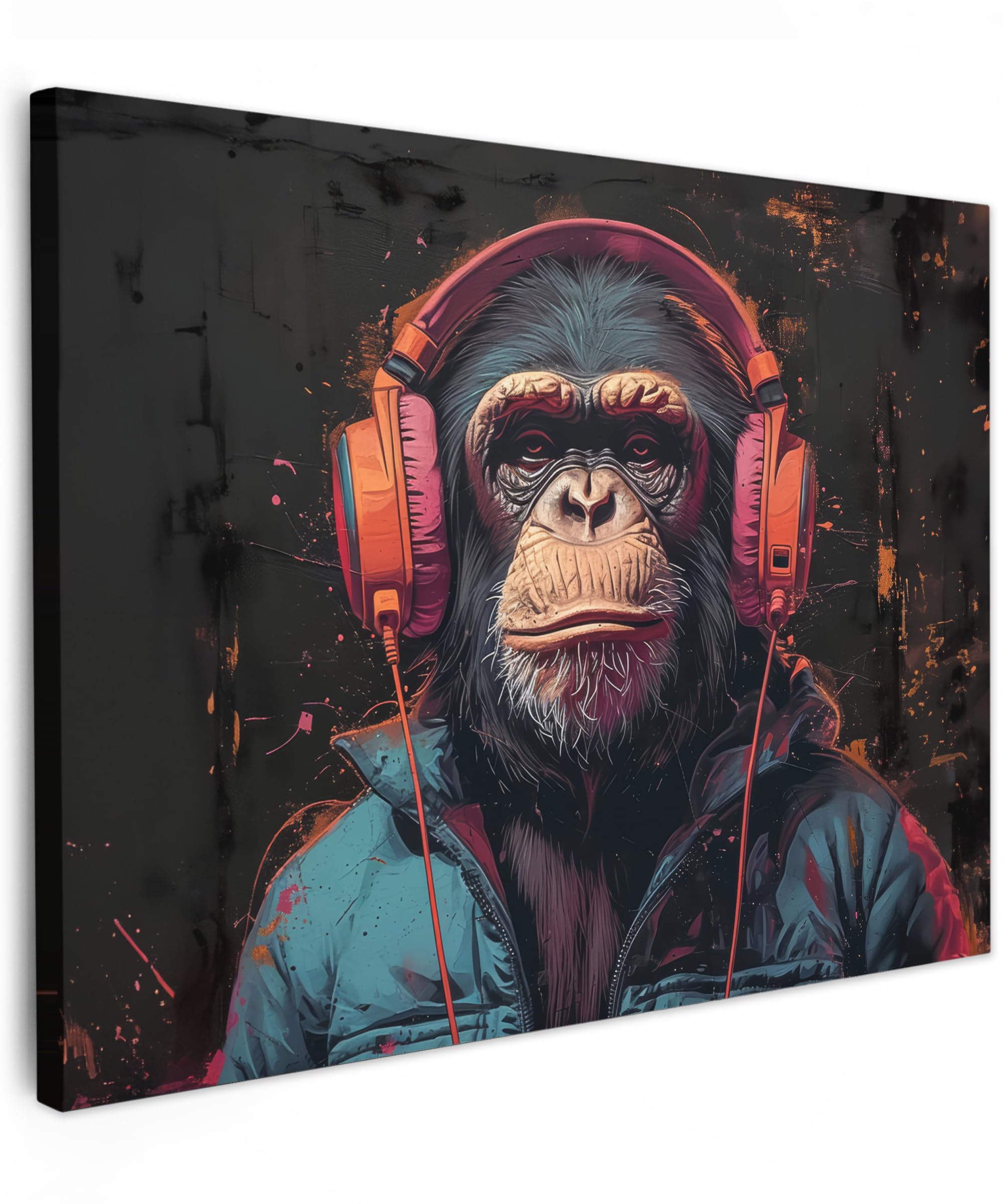 MuchoWow© Bilder 70x50 cm Wohnzimmer Deko Modern Wandbild Foto auf Leinwand Bild Schlafzimmer über Bett Room Decor Geschenke Graffiti - Schimpanse - Kopfhörer - Affe