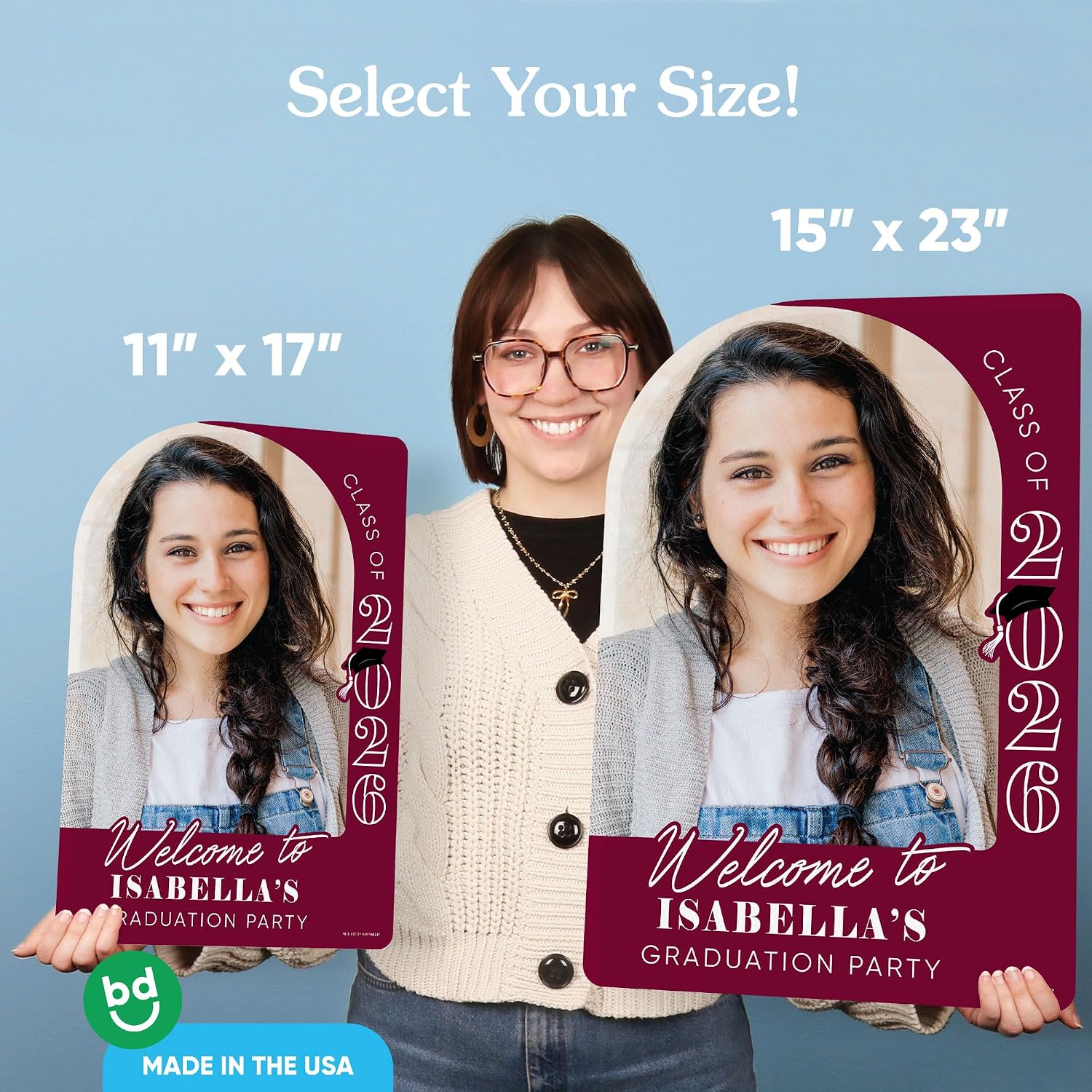 Big Dot of Happiness Custom Photo Maroon Graduation Welcome Sign, Personalized Class of 2026 25 Burgundy Grad Party Decor, Image & Name Tabletop Signage, Premium Matte Plastic Board, 11 x 17 inches