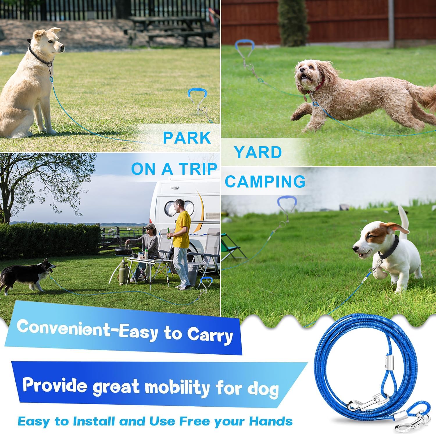 Supet Set Câbles et Piquets d'attache pour Chien en Acier Inoxydable pour Exterieur Jardin Cour