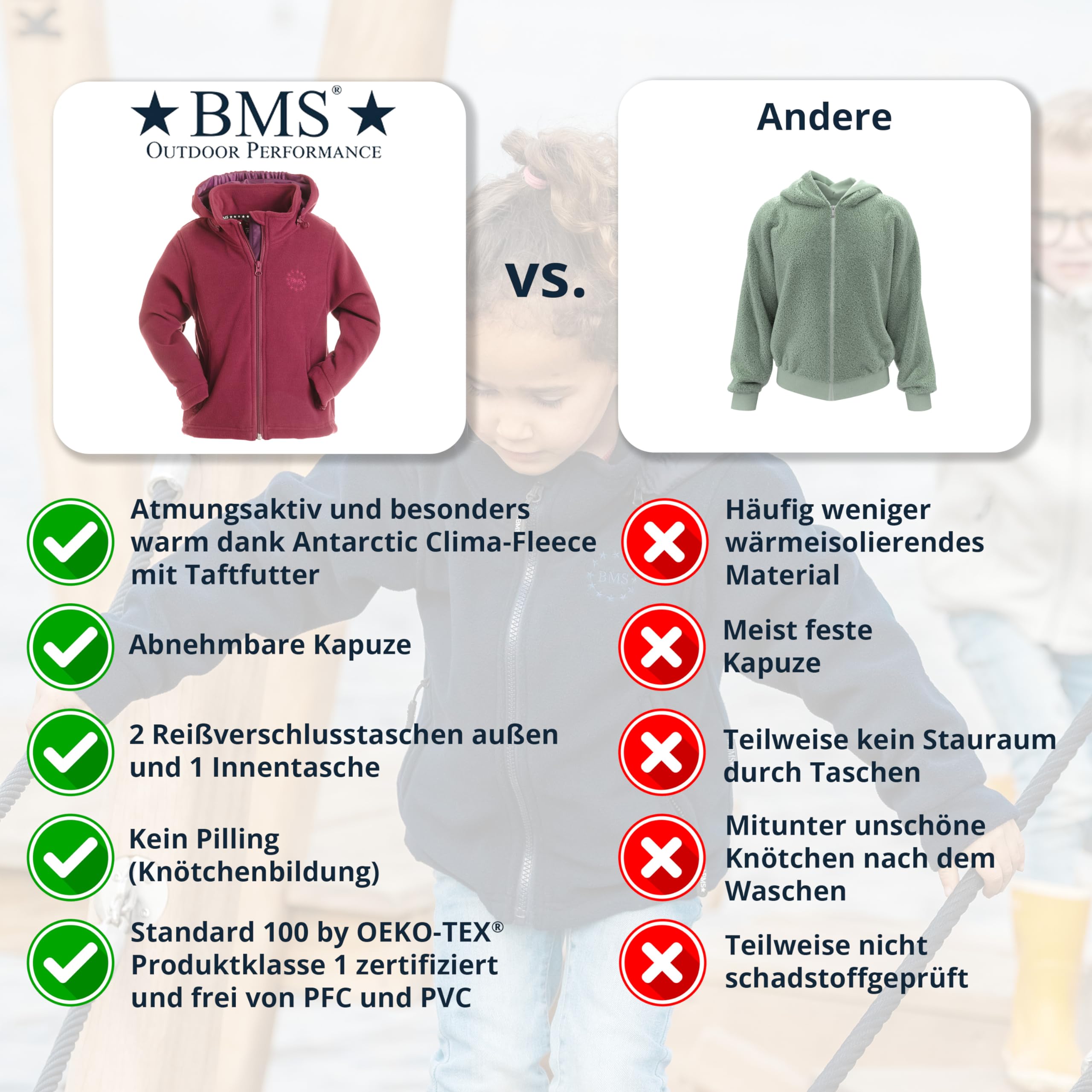 BMS® Kurtka polarowa z odpinanym kapturem dla dzieci, oddychająca i przytulnie ciepła, termoizolacyjna, 2 kieszenie zewnętrzne, 1 kieszeń wewnętrzna, regulowana na obszyciu, nadaje się do prania w 60