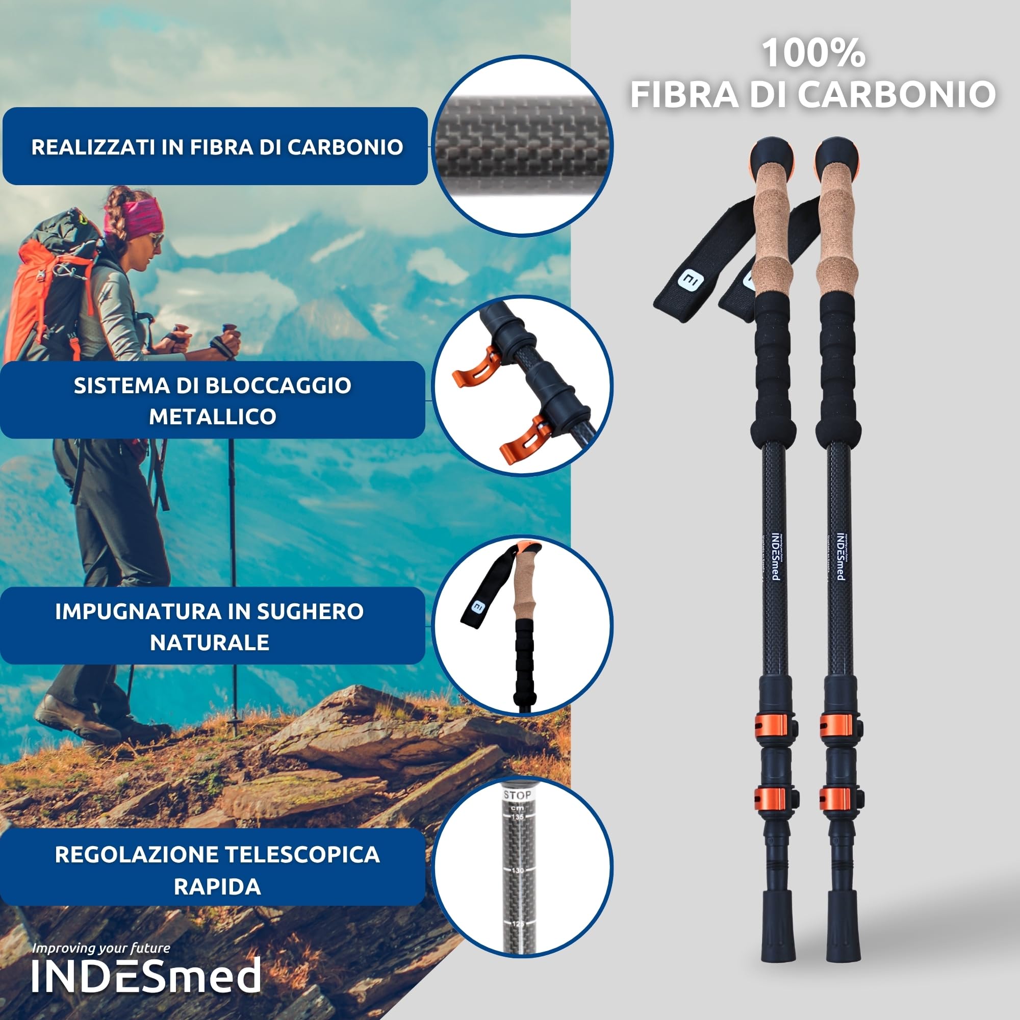 INDESmed | Bastoni da trekking in fibra di carbonio 100% - Bastoncini telescopico, leggerissimi e regolabili con chiusura metallica rapida - Bastoni Nordic Walking, Trail Running, Sci