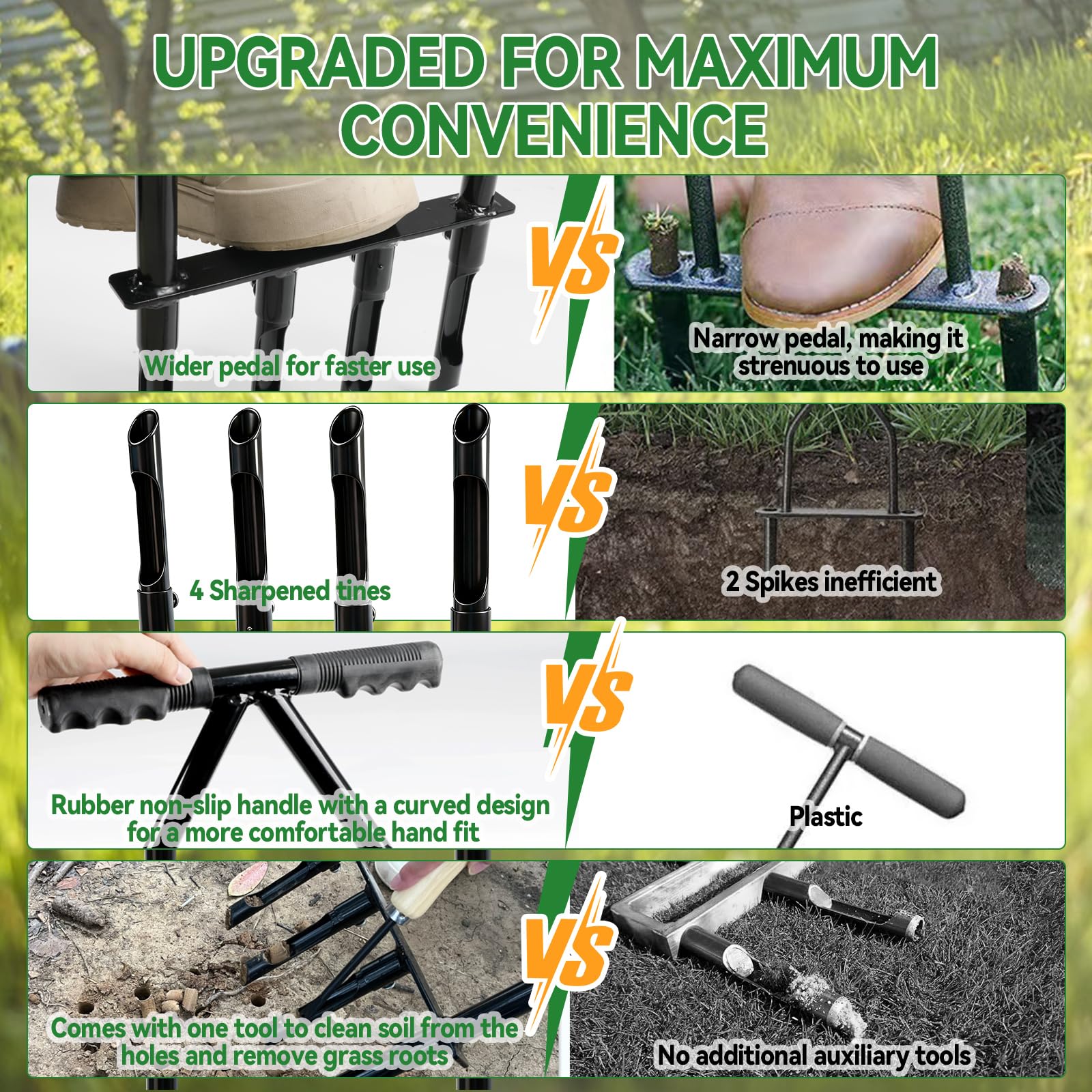 CDIYTOOL Aireador de césped, aireador de césped de jardinería para cuidado del césped y suelo compactado, 4 puntas, resistente, mango largo, tapón manual de suelo de jardín con herramienta de limpieza