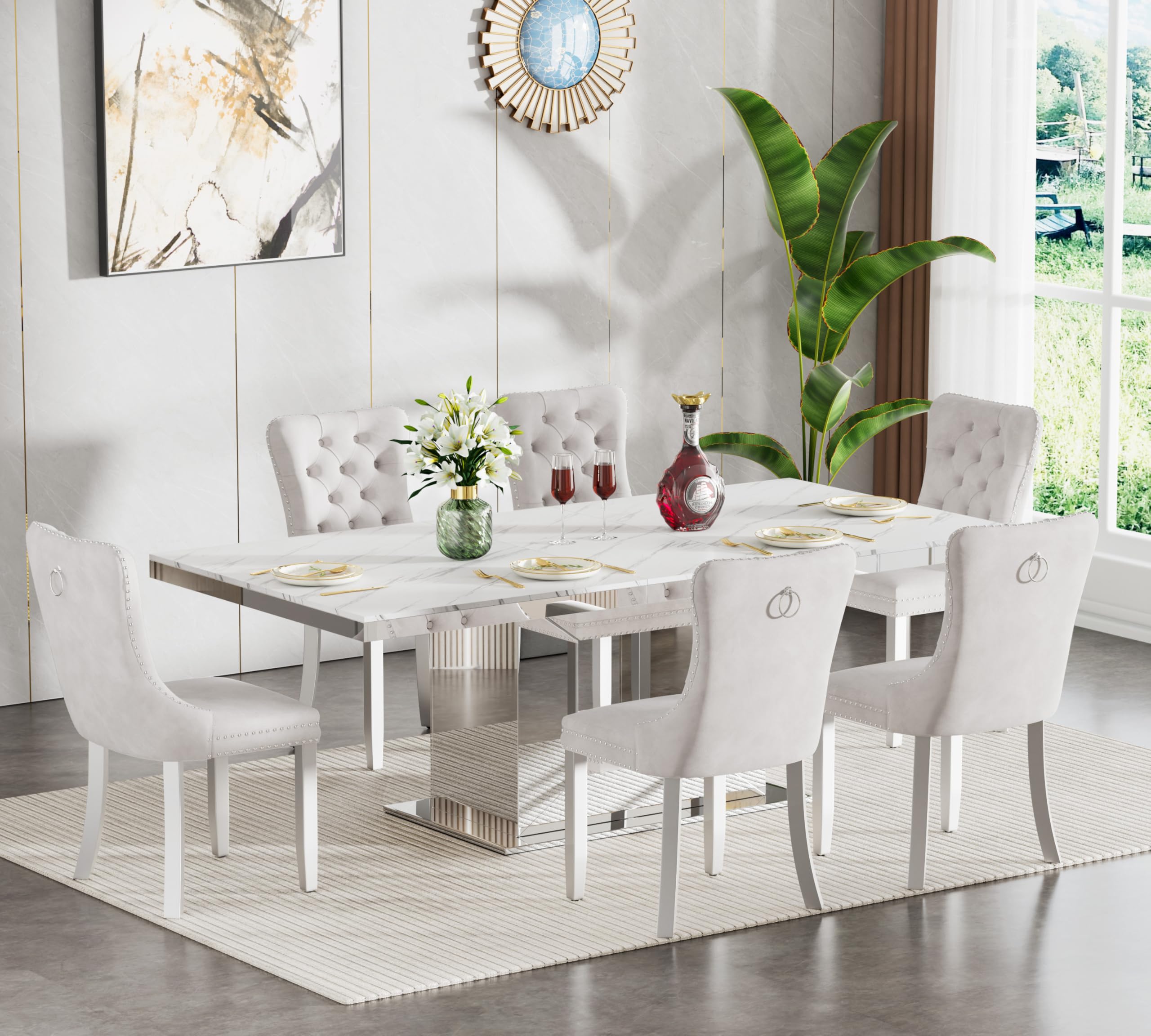 7 Pieces White Faux Marble Extendable Dining Table Set, 63"-94" Rectangular Expanding Kitchen and Dining Room Table Set for 6 with Mirrored Acrylic Base &amp; Beige Velvet Upholstered Chairs