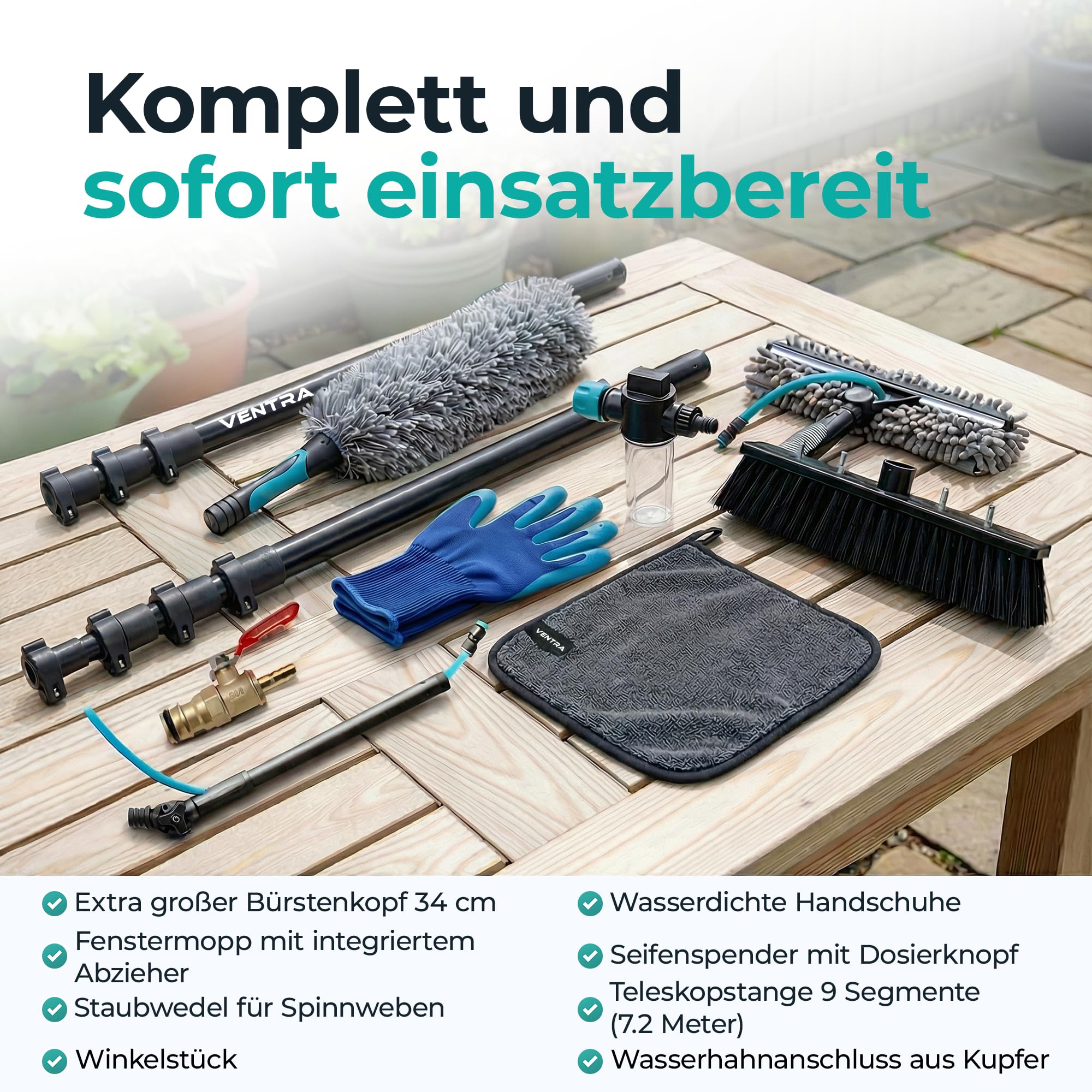 VENTRA Teleskop-Waschbürste 7,2M – Extra Große Bürste (34 cm) - 4 Wasserauslässe – Fensterheber & Staubwedel – Edelstahl Teleskopstiel – Inklusive Handschuhe & Mikrofasertuch