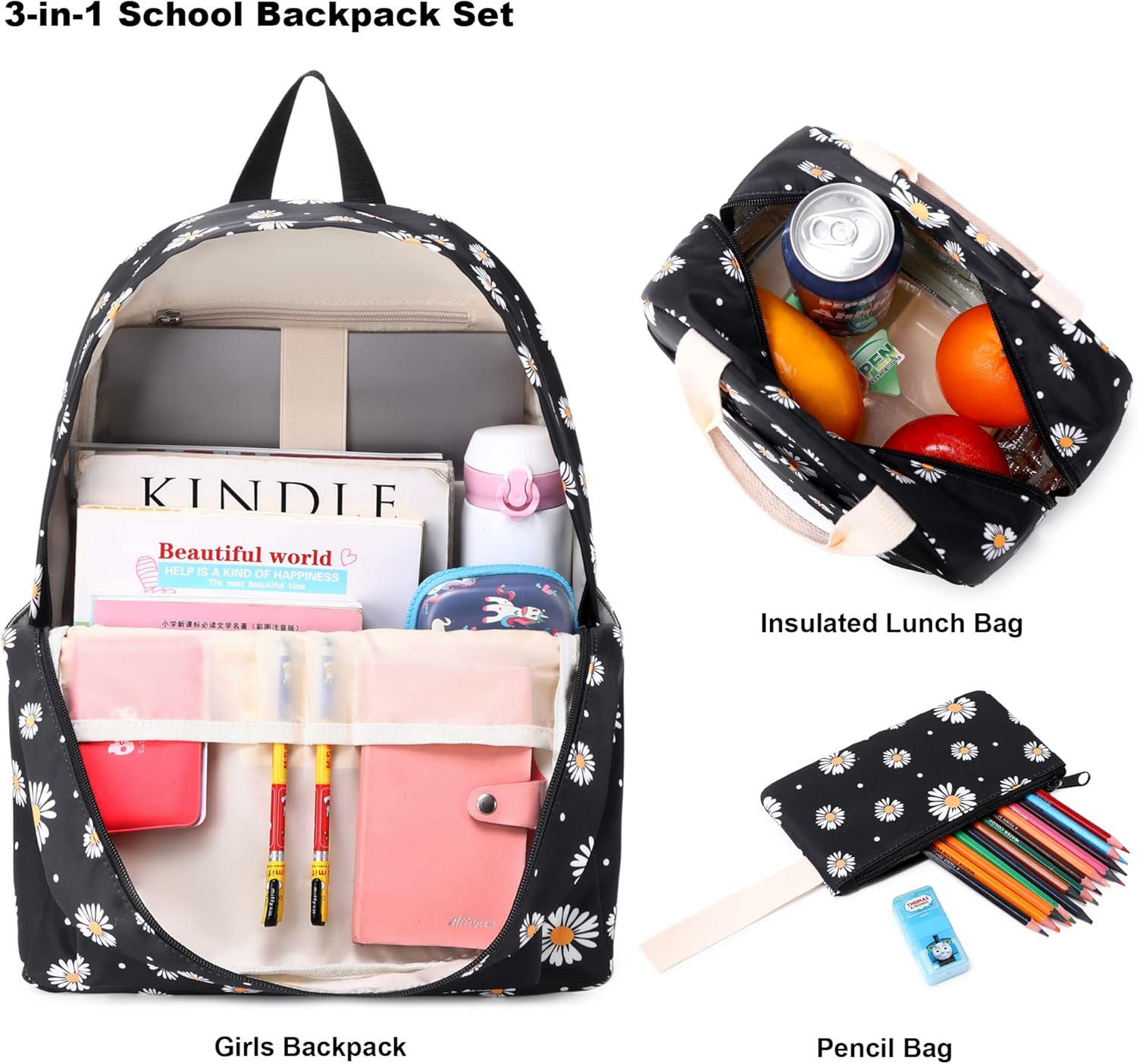 Girls School Backpacks for Kids Teens, 3-in-1 School Bag Bookbags Set with Lunch Bag Pencil Case - Image 3