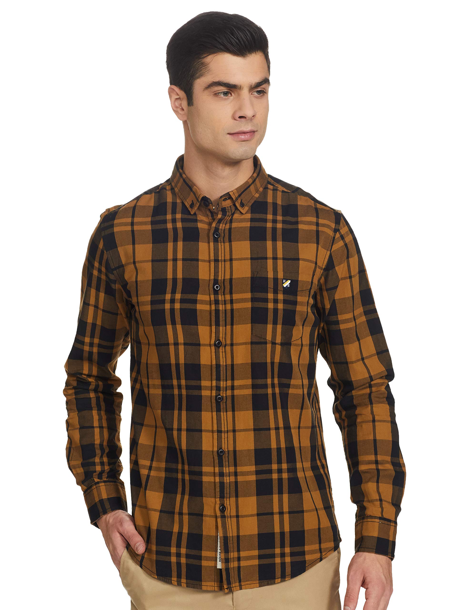 Amazon Brand - House & ShieldsMen's Checkered Regular Casual Shirt (SS20-HS-RR-01-J_Mustard&Black S)