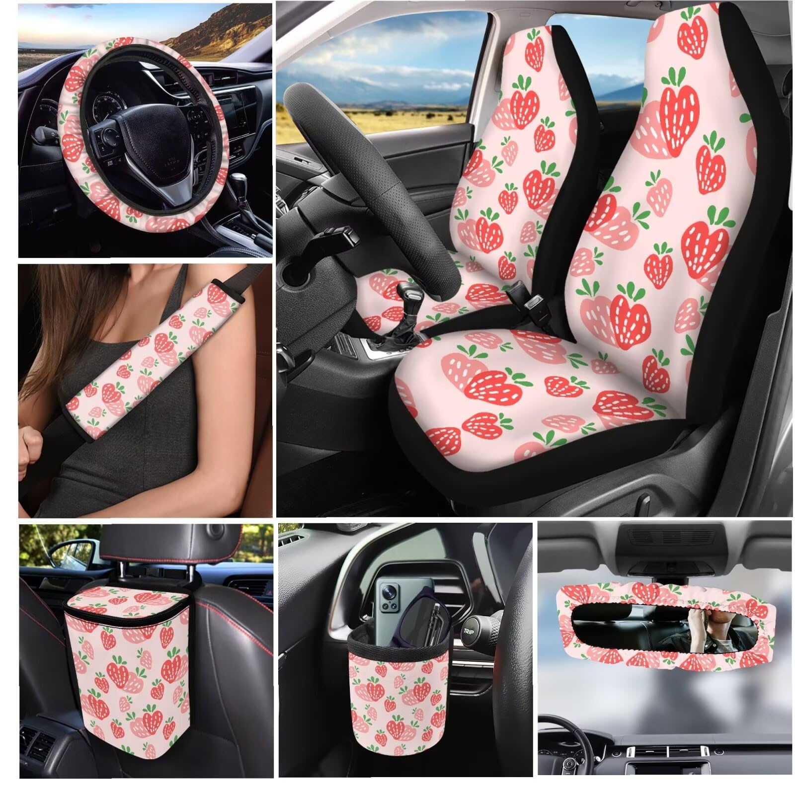 Set completo di coprisedili per auto rosa fragola con coprivolante da 38,1 cm, pattumiera, cinture di sicurezza, portabicchieri, copertura per specchietto retrovisore, tasca per bocchetta