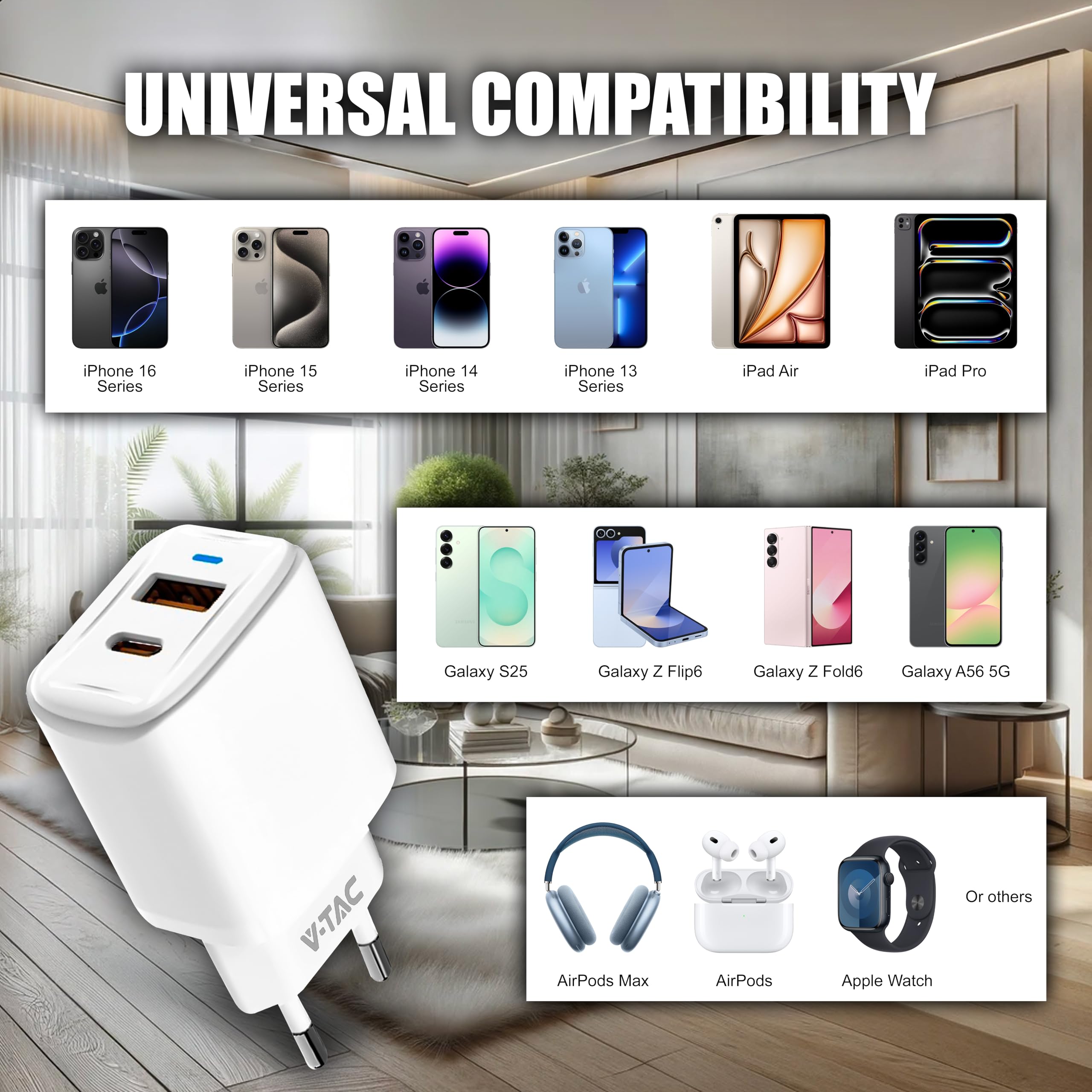 V-TAC Caricatore Rapido USB-C 20W per Iphone e Samsung – [SUPER PICCOLO] - per Smartphone e Dispositivi – 2 Porte: Type C + USB A - Compatibile Iphone 14/15/16/17 PRO/MAX e Galaxy S25 / S26 / A56