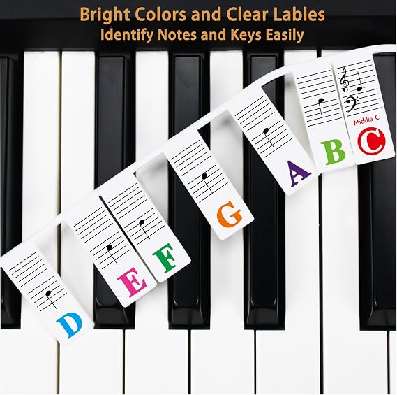 Piano Notes Guides for Beginners, Azymi Removable Keyboard Note Labels for 88/76/ 61/54/ 49/37 Keys Reusable Silicone Strips Black Larger Bold Letter for Kids