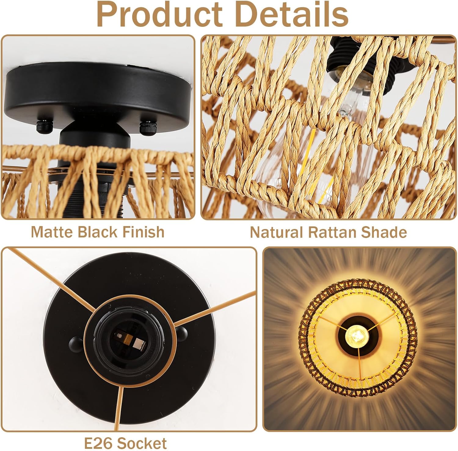 12" Boho Ceiling Light Fixture, Rattan Flush Mount Ceiling Light, Small Rustic Hand Woven Chandelier for Farmhouse Hallway Bedroom Kitchen Entryway Closet, E26 Socket